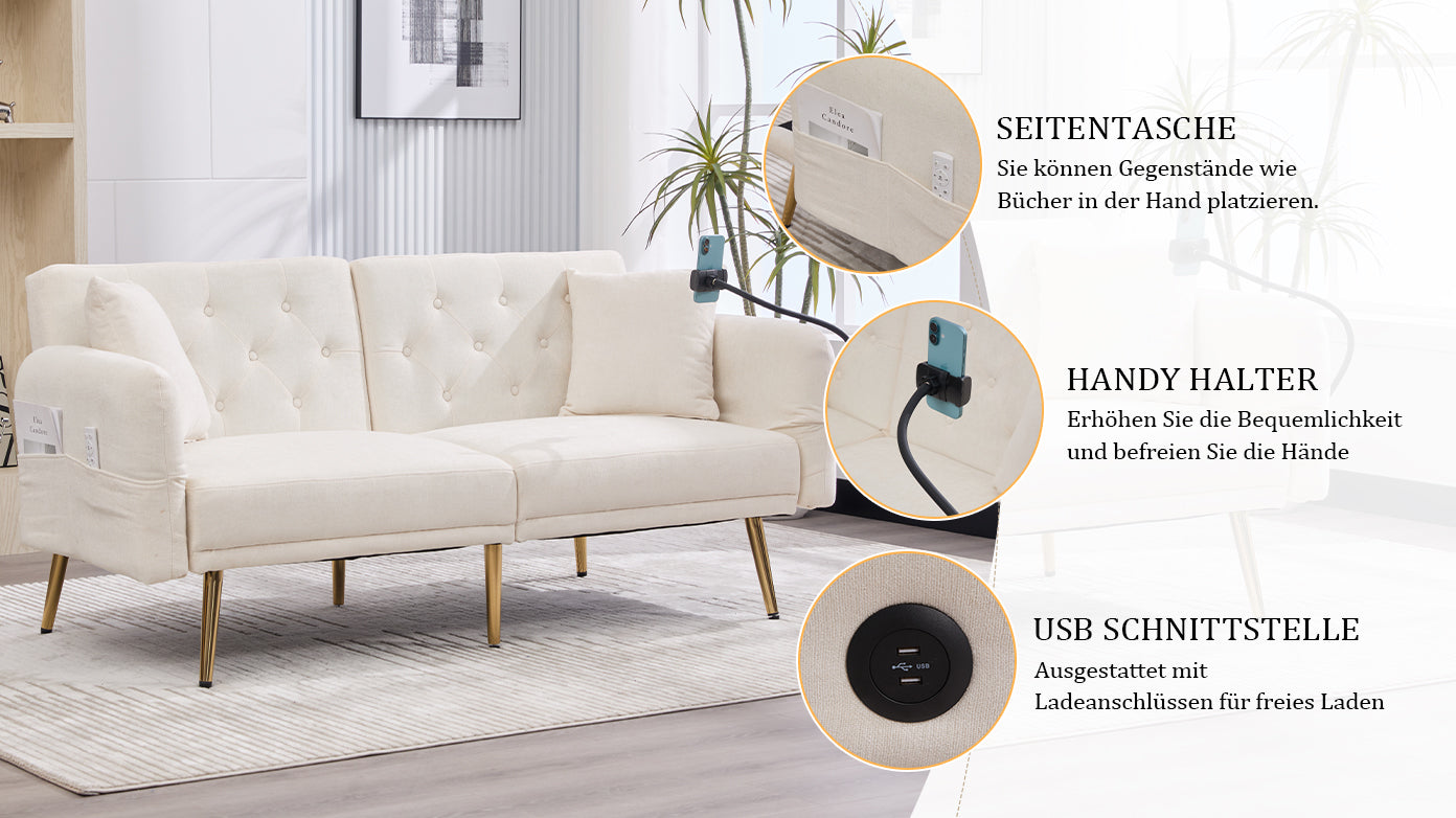 Logidon slaapbank tweezits beige fluweel met verstelbare rugleuning USB