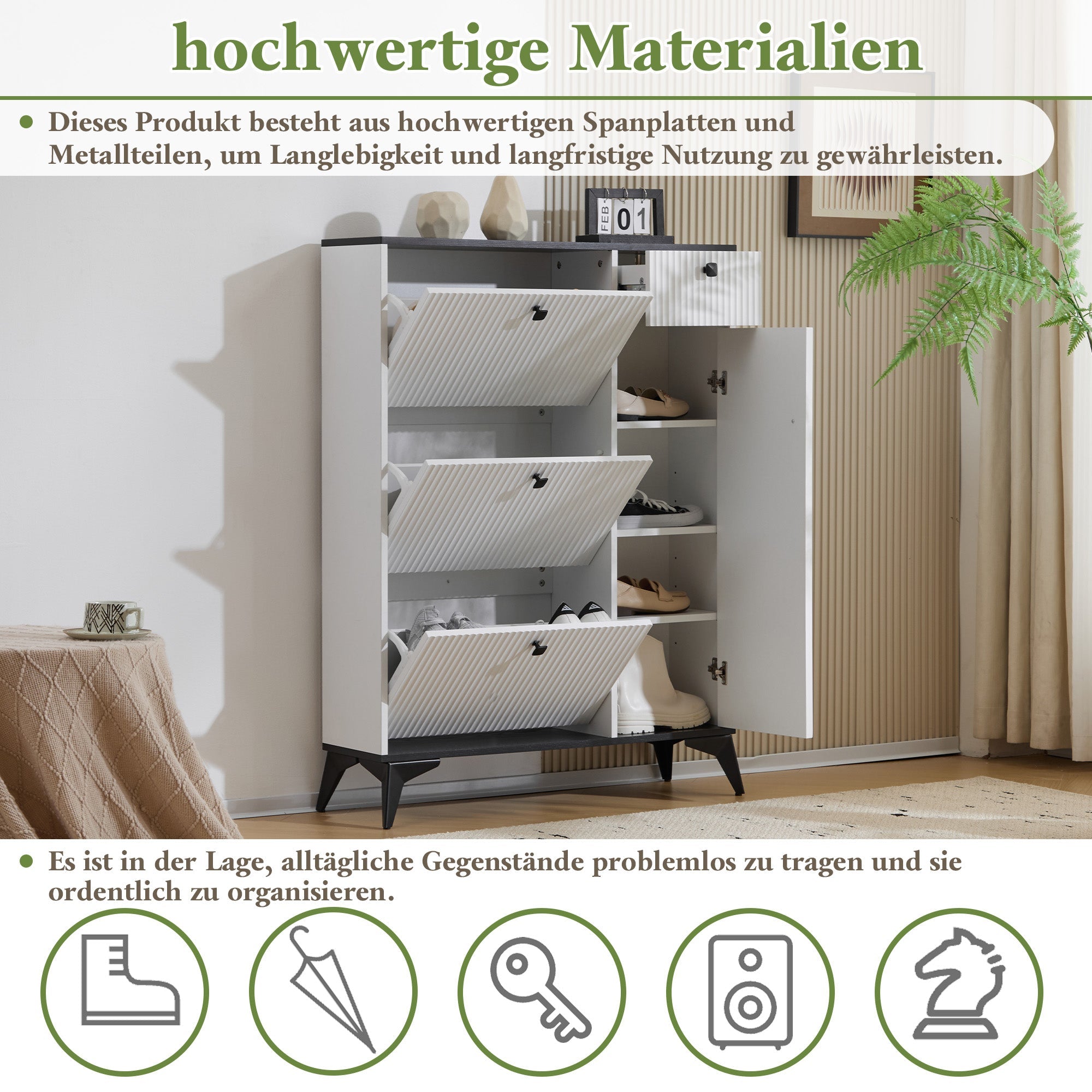 Logidon schoenenkast wit zwart H 121 cm 3 kleppen 1 lade 1 deur