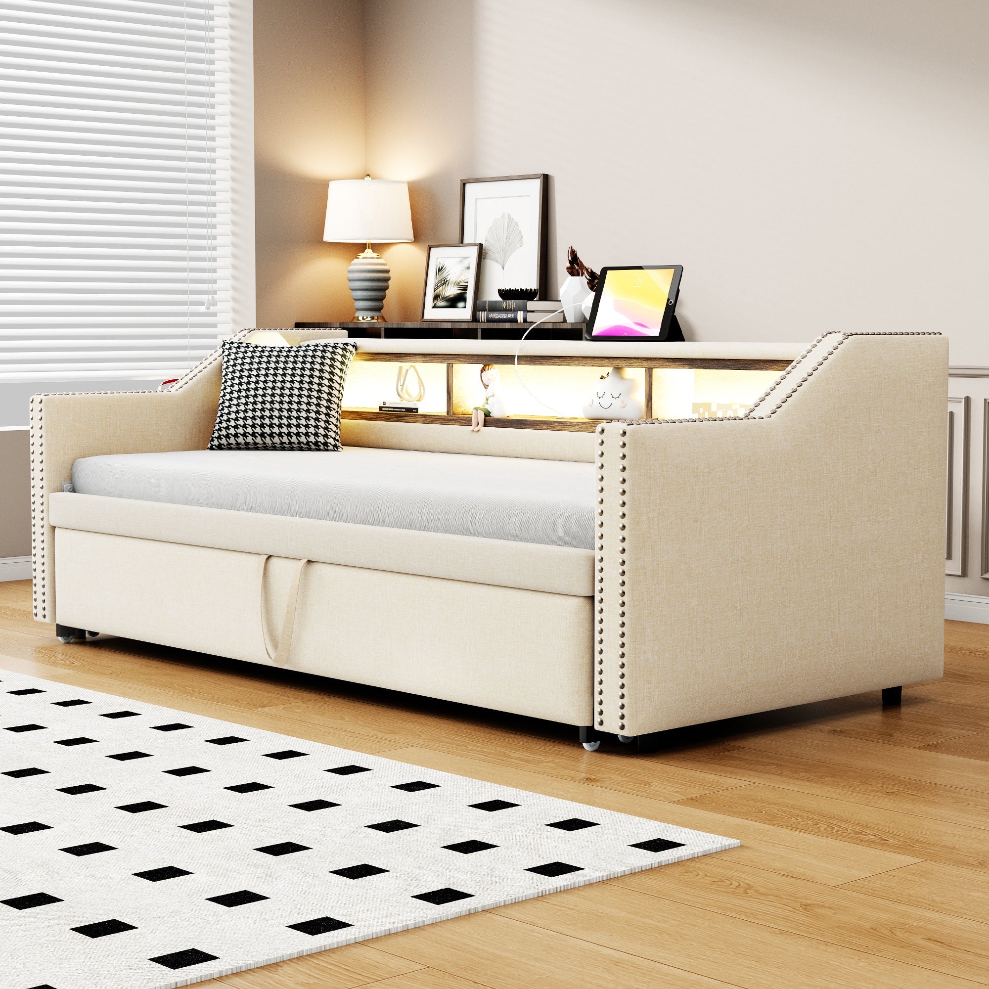 Logidon Upholstered Bed Extendable Sofa Bed 90/180 X 190 Beige Storage Compartment