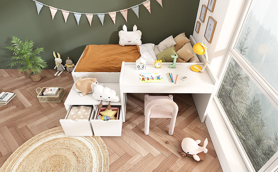 Logidon kinderbed 90x200 massief hout wit met bureau en opbergruimte