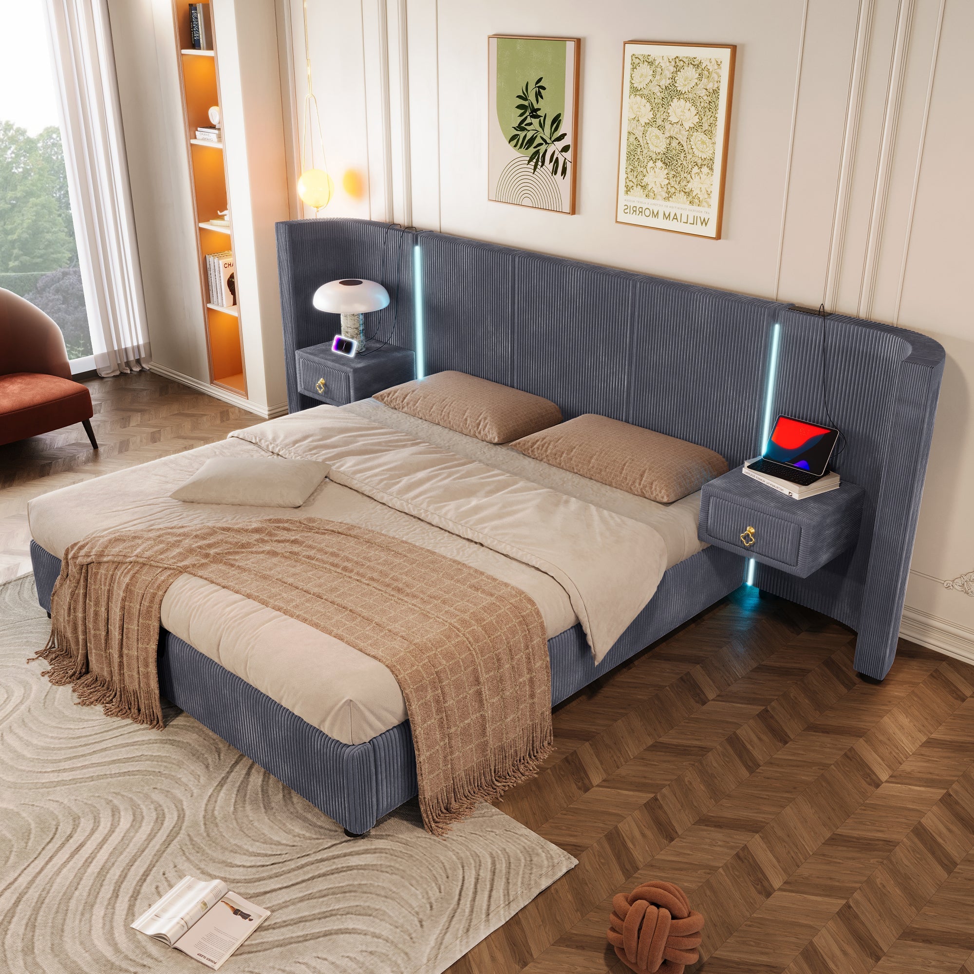 Logidon upholstered bed 180x200 cm gray velvet with LED strip storage space