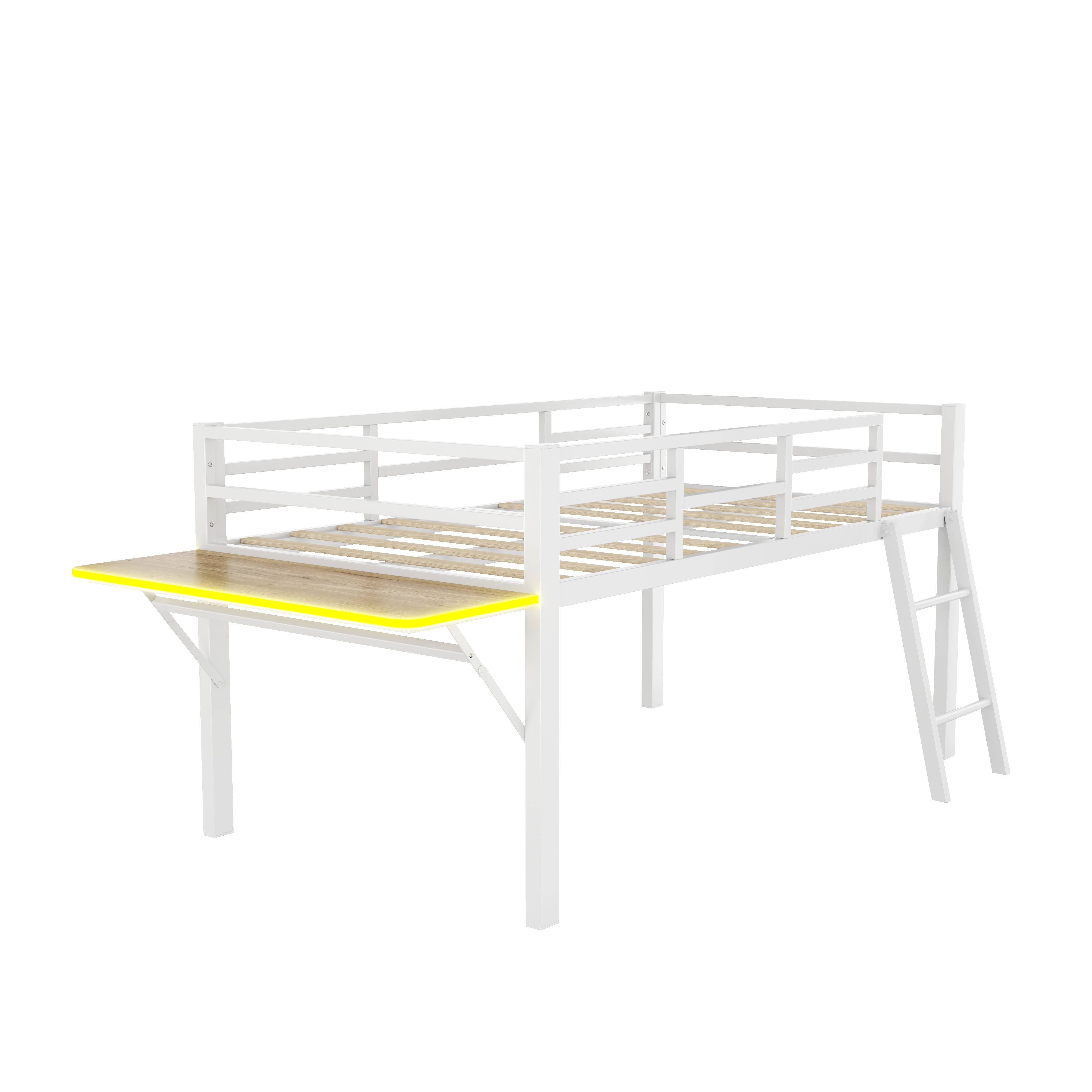 Logidon flat bed 90 x 200 cm metal bed white with railing ladder LED
