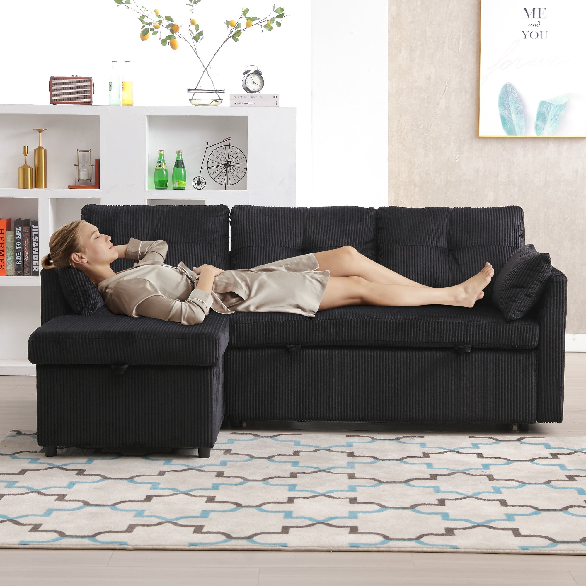 Logidon Modulaire Slaapbank Zwart Fluweel Met Opbergbedfunctie