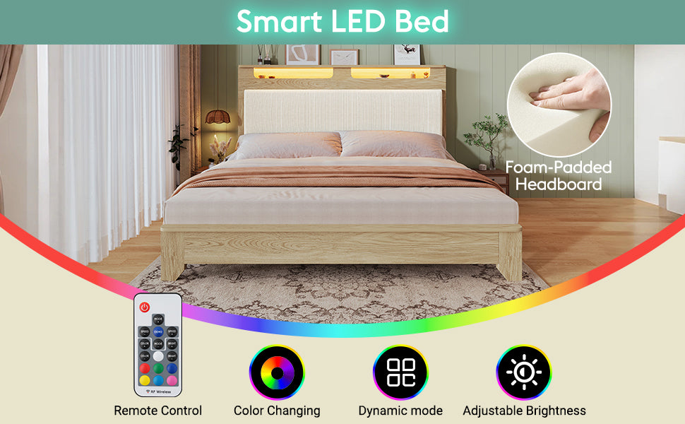 Logidon double bed 140x200 cm beige LED lighting headboard storage space
