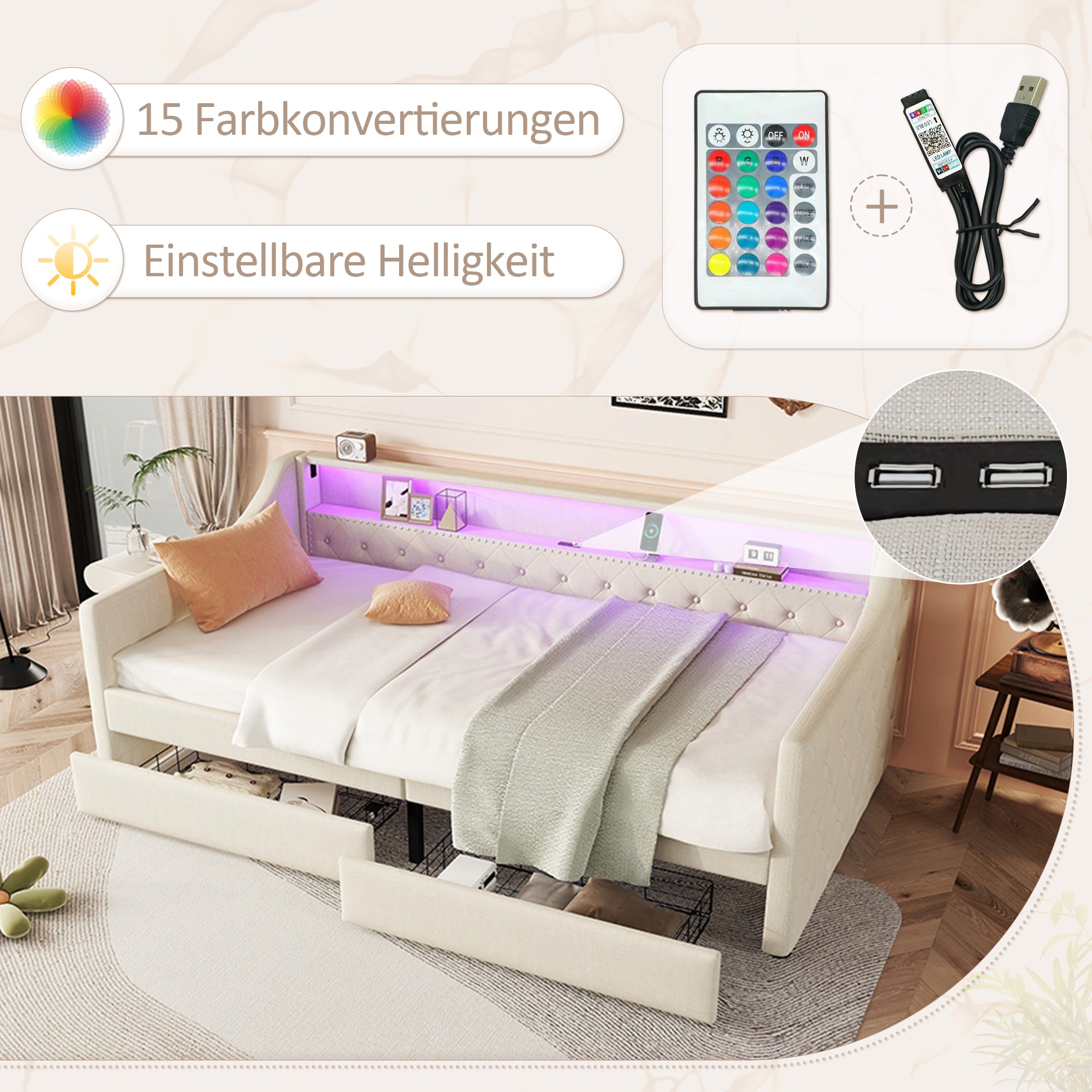 Logidon Daybed 90x200 beige slaapbank met lattenbodem USB-oplaadaansluiting