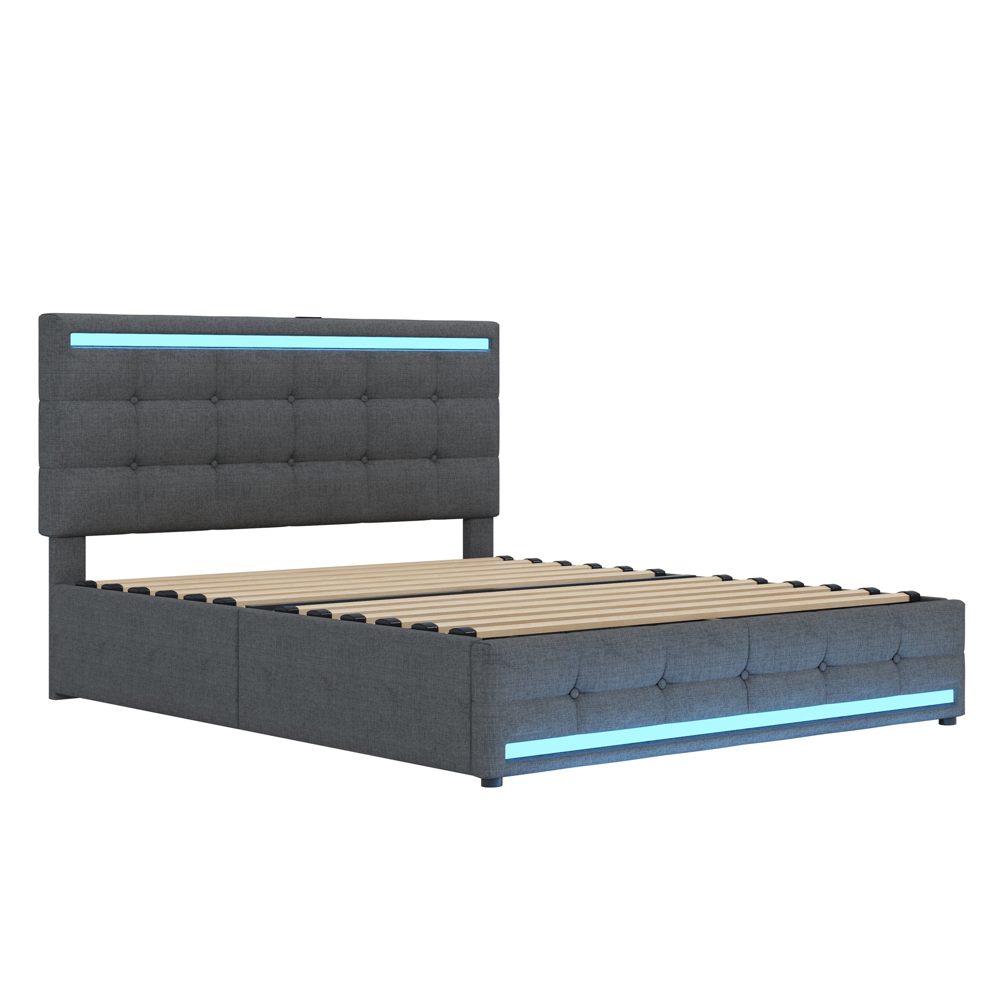 Logidon gestoffeerd bed 140x200 cm grijs LED opbergruimte USB 4 lades