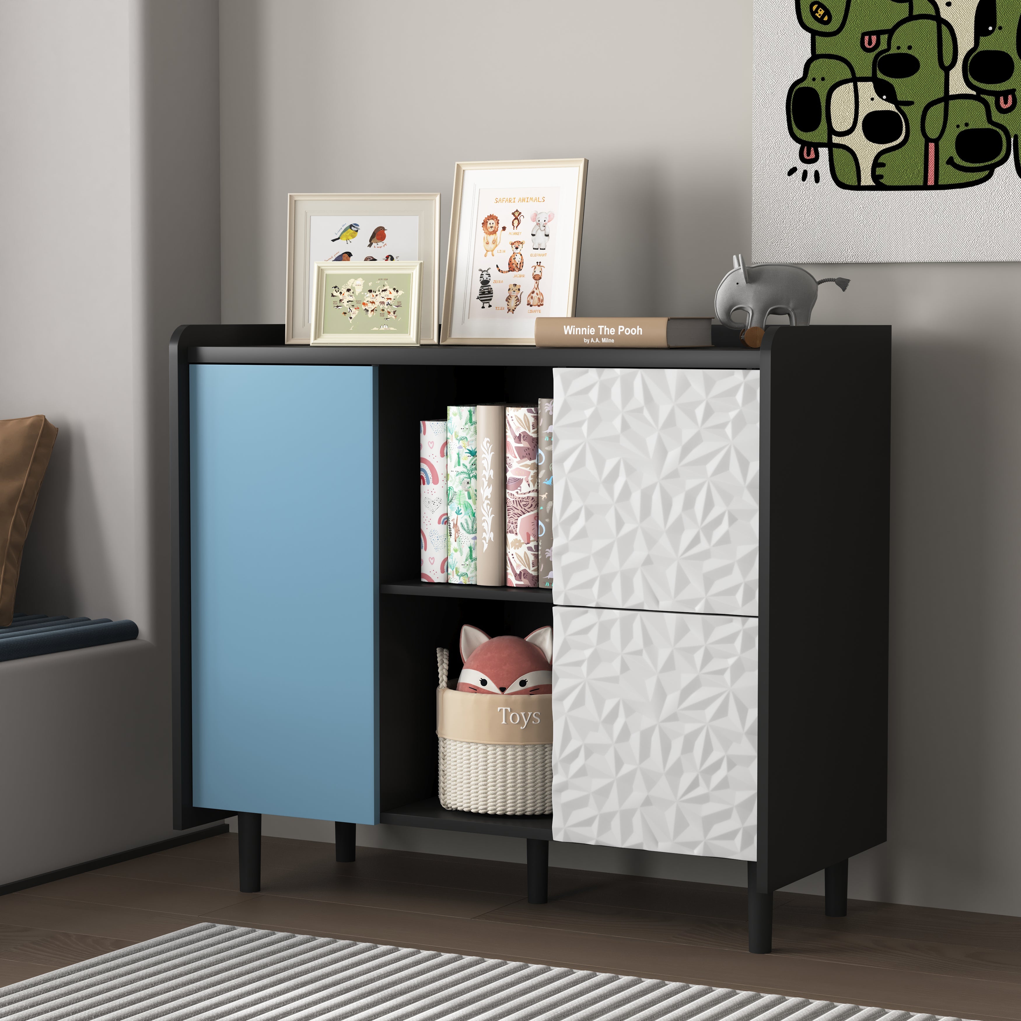 Logidon Dressoir Buffetkast 90 cm Blauw Wit Geometrische Fronten