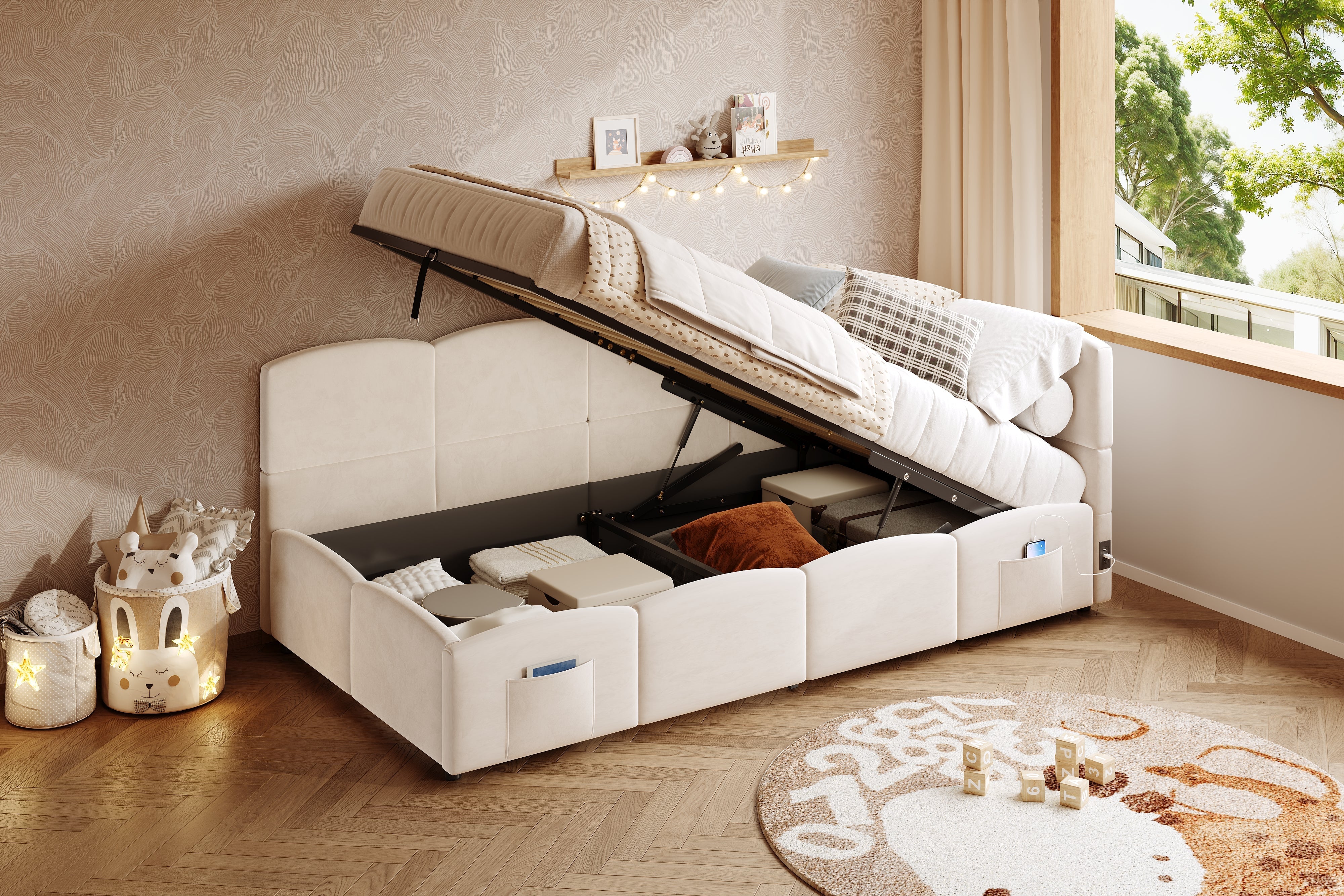 Logidon gestoffeerd bed 90x200 beige fluweel met opbergruimte