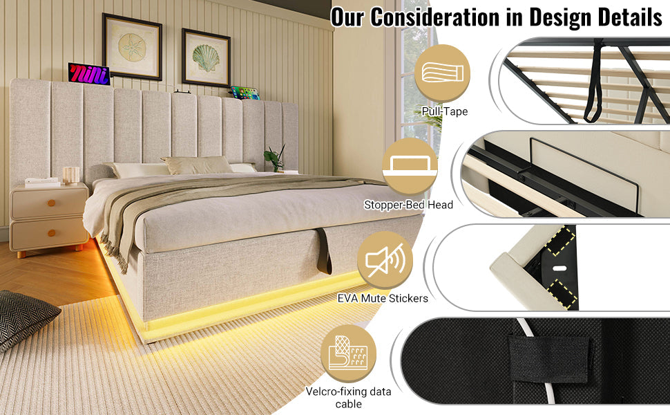 Logidon gestoffeerd bed 180x200 opbergruimte met LED USB oplaadfunctie beige