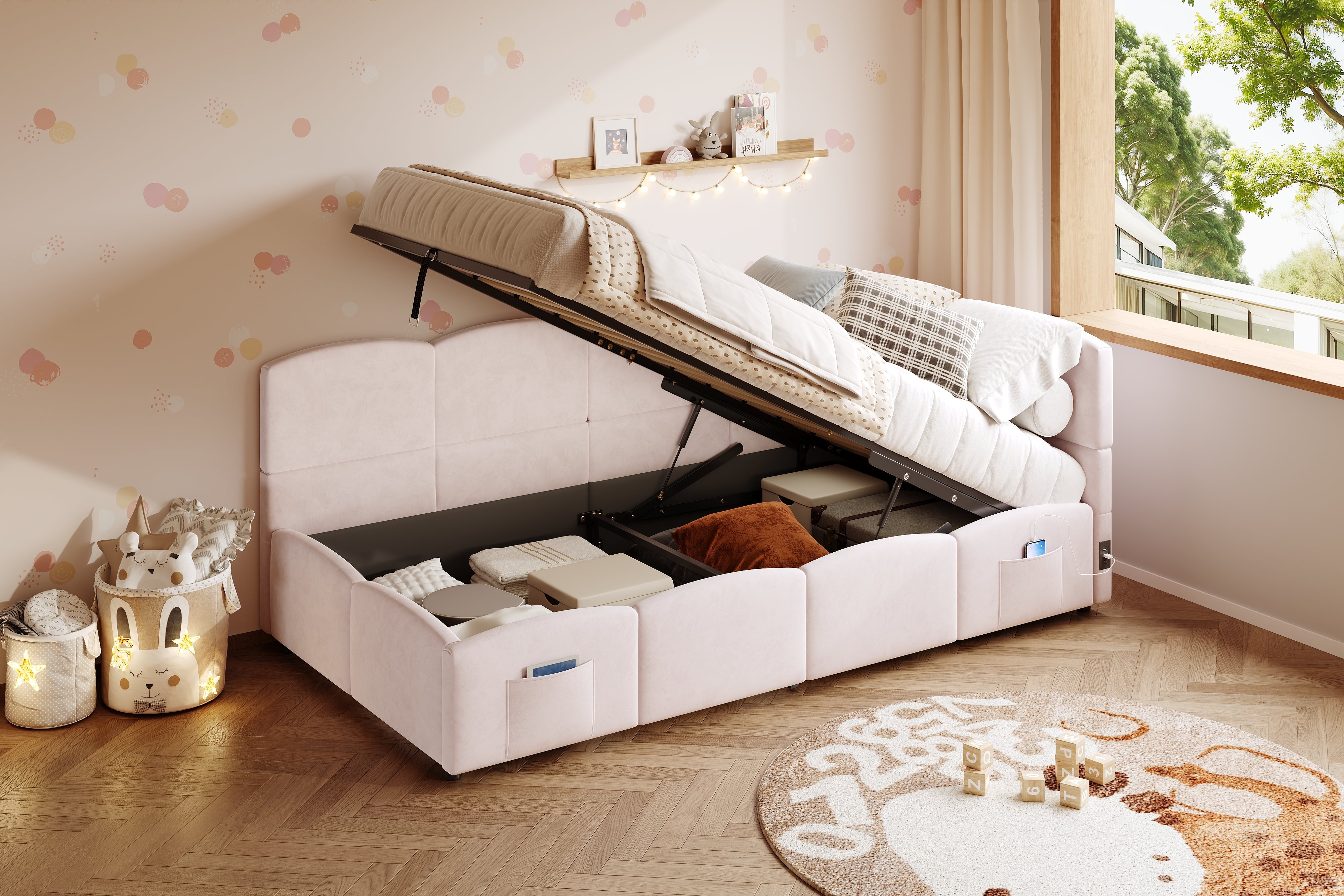 Logidon fluweel gestoffeerd bed roze 90x200 met lattenbodem en opbergruimte