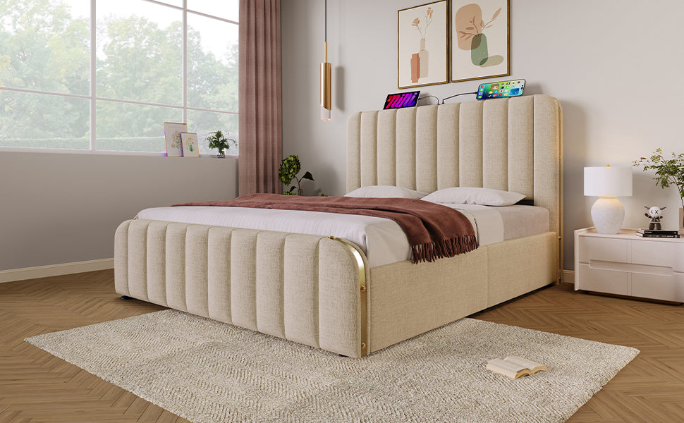 Logidon gestoffeerd bed 160x200 beige linnen, USB-C oplaadfunctie