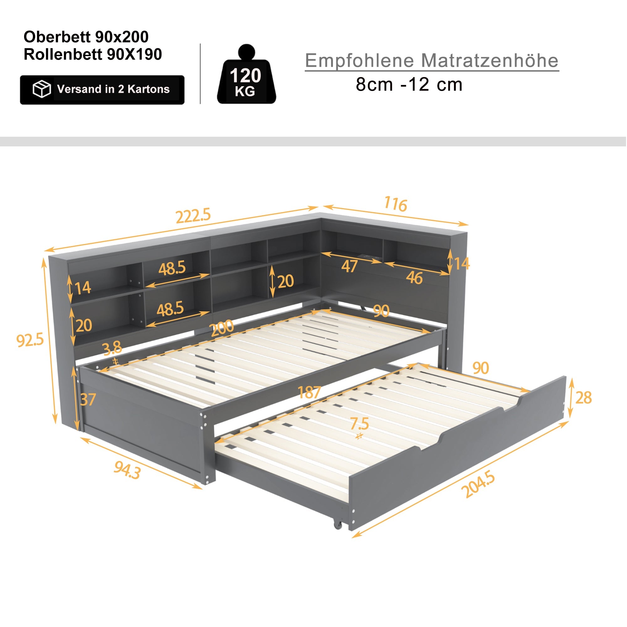 Logidon slaapbank 90x200 cm, uitschuifbaar bed 90x190, grijs