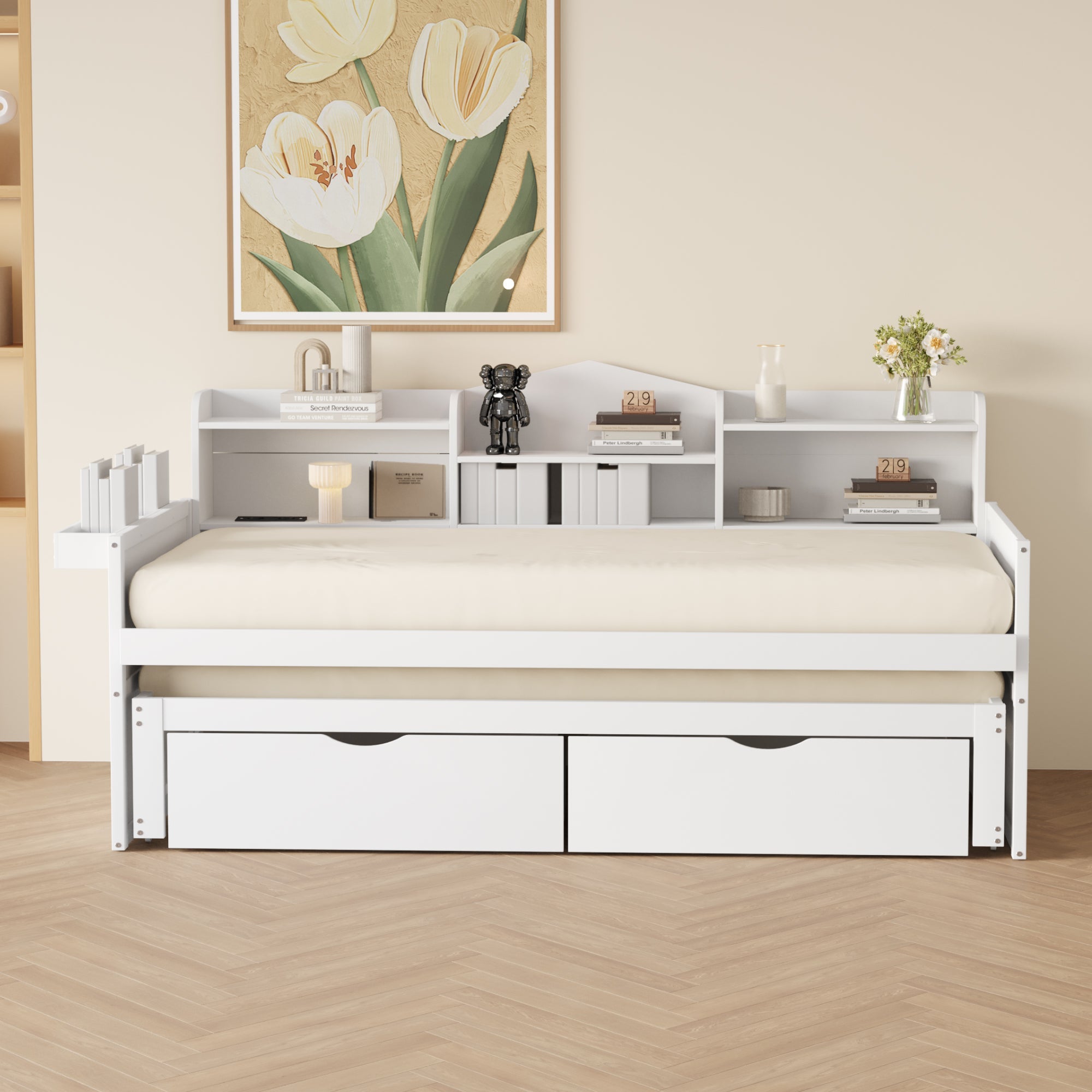 Logidon slaapbank 90x200 wit uitschuifbaar bed 90x190 twee laden