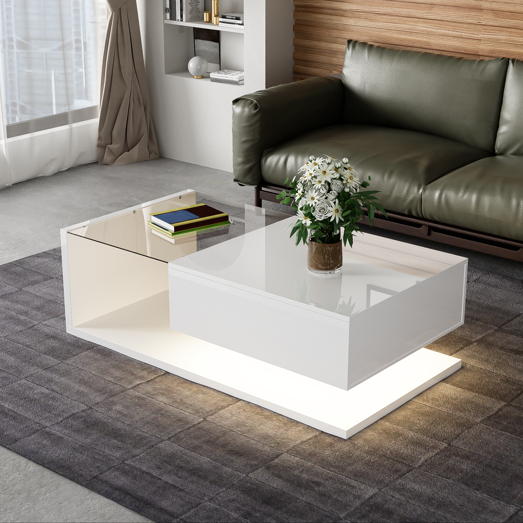 Logidon salontafel hoogglans wit glas LED 105 x 55 cm