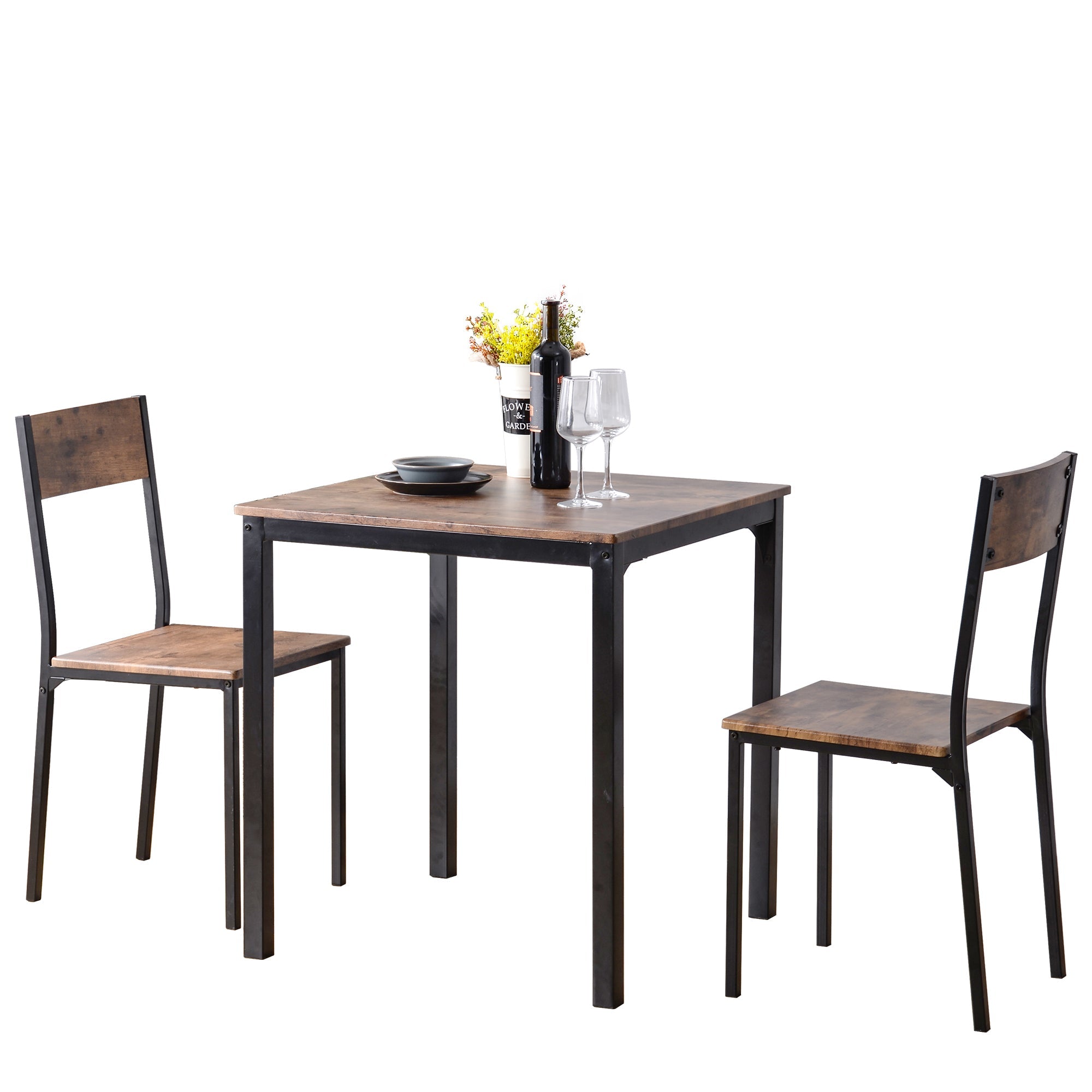Logidon Eettafelset 70x70 cm Vintage Bruin met 2 Stoelen Metalen Frame