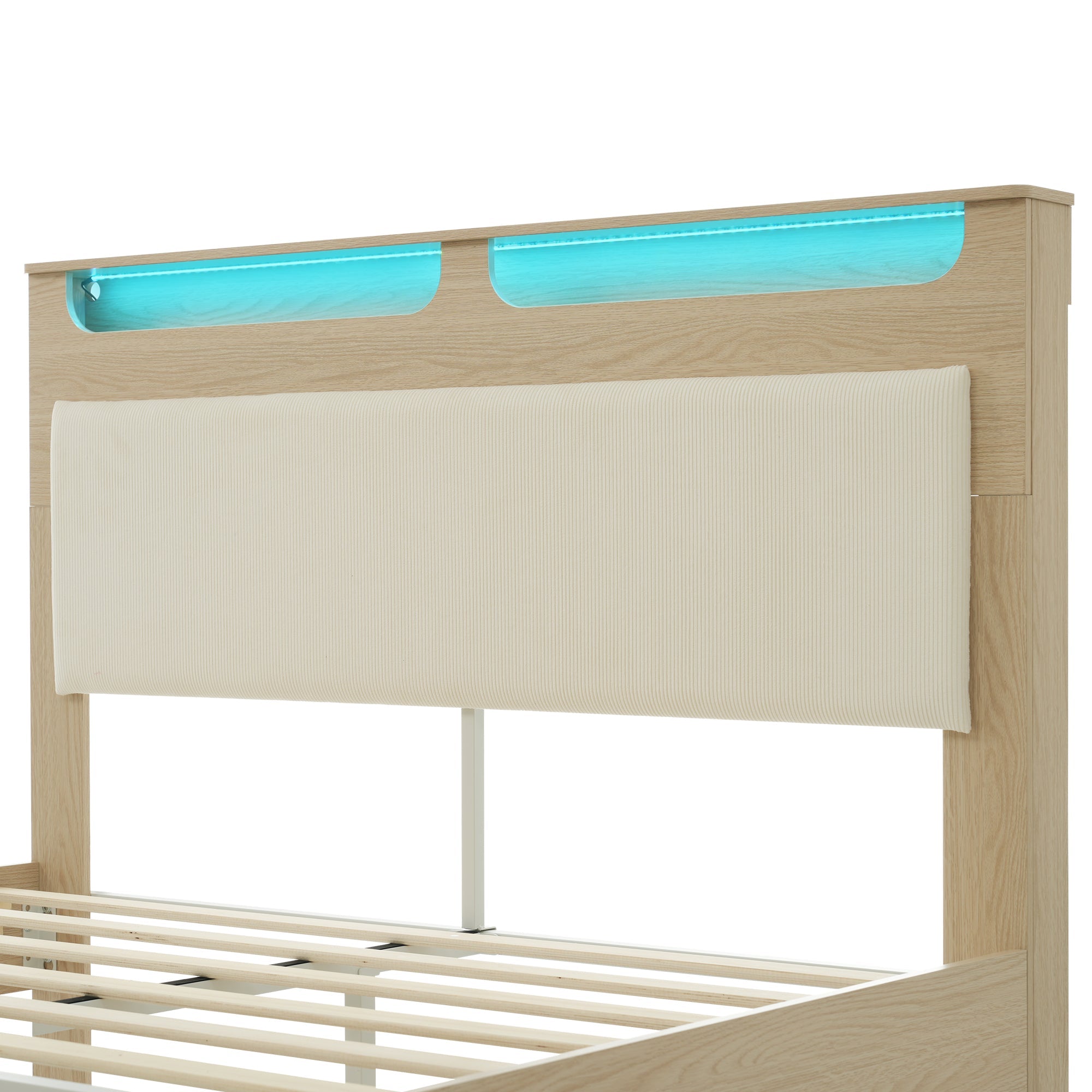 Logidon double bed 140x200 cm beige LED lighting headboard storage space