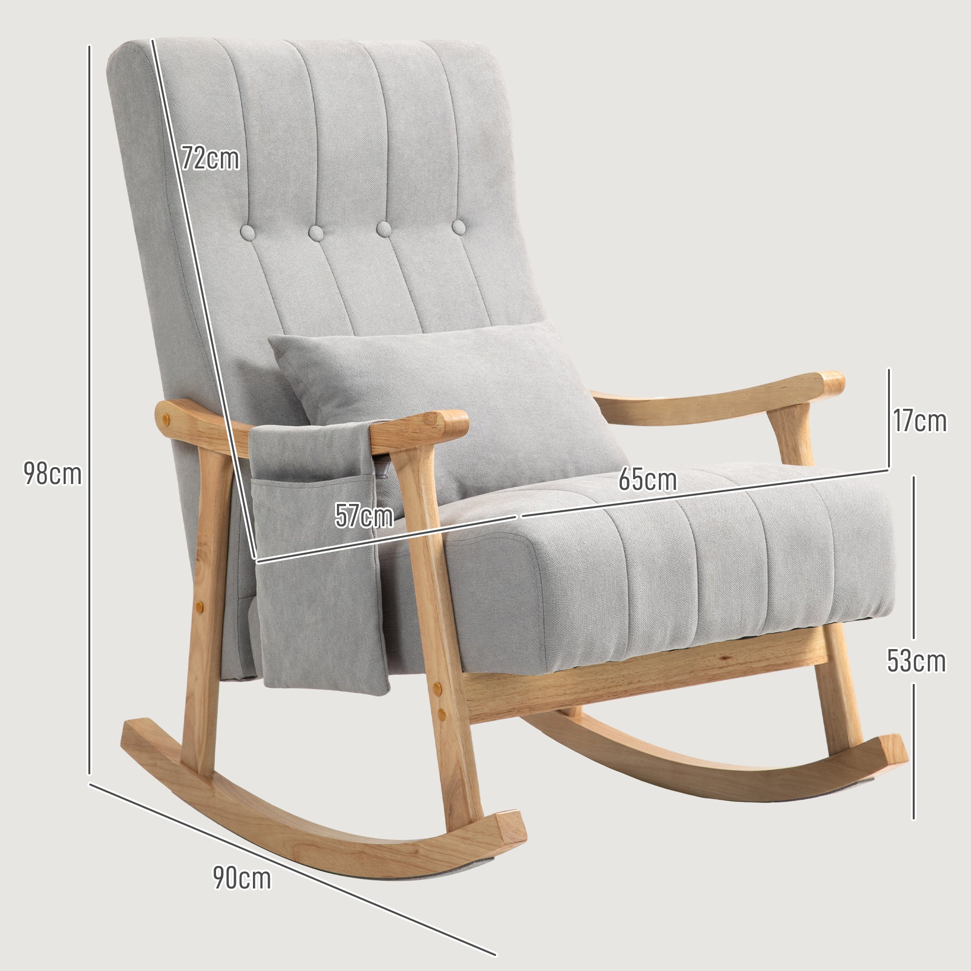 Logidon schommelstoel grijs gestoffeerd met lendenkussen houten frame