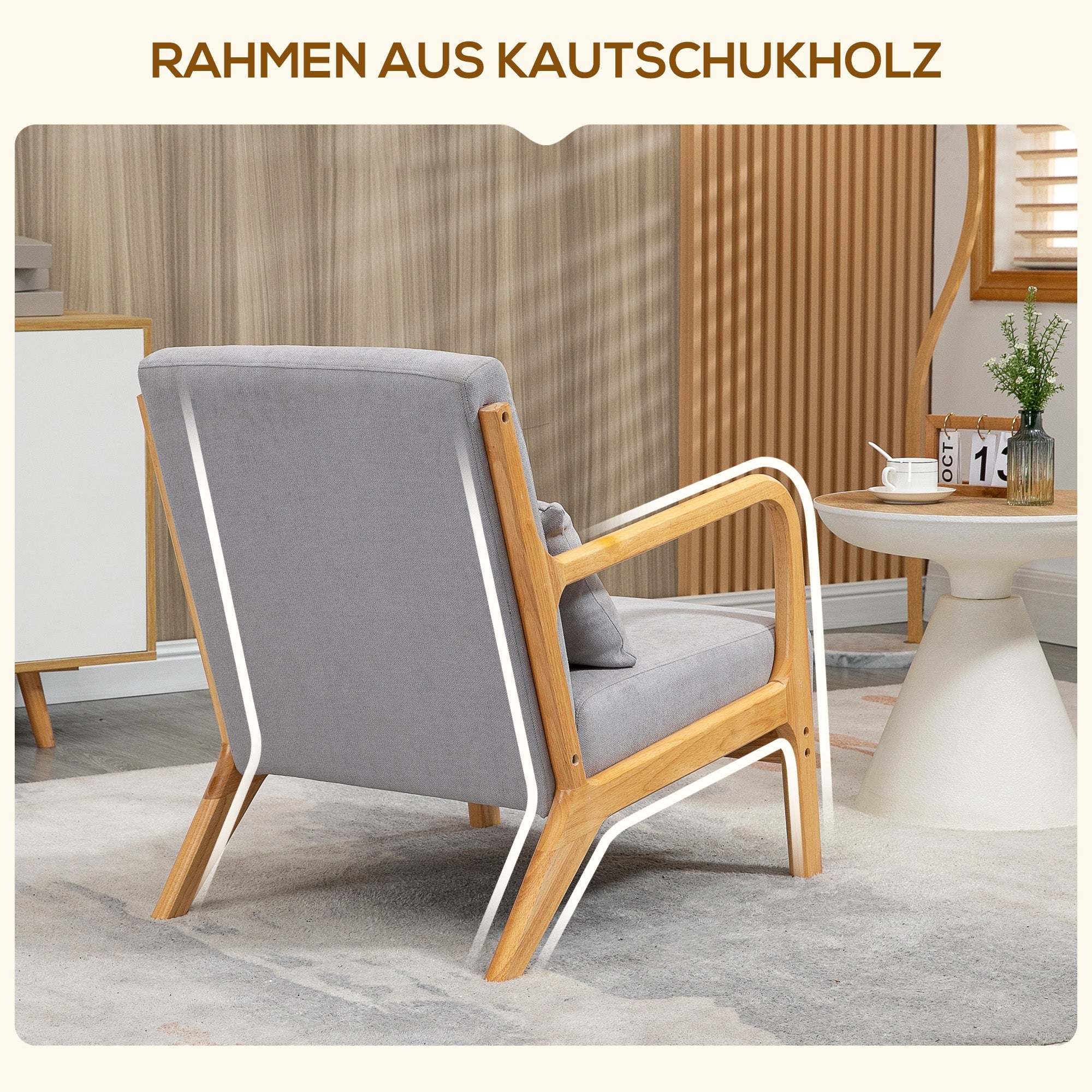 Logidon loungestoel grijs met armleuning en lendenkussen houten frame