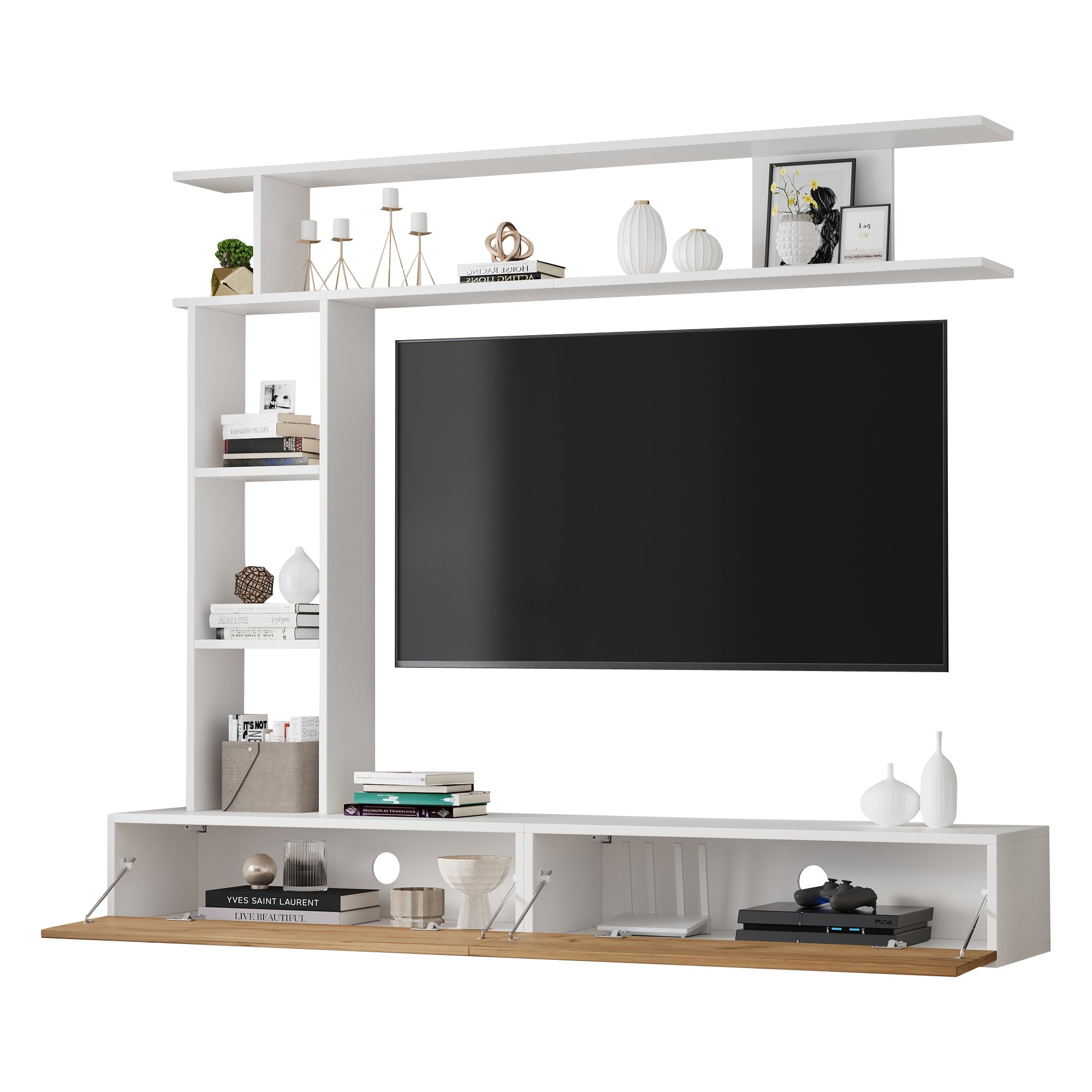 Logidon TV wandmeubel 180 cm wit houtlook met vitrinekasten
