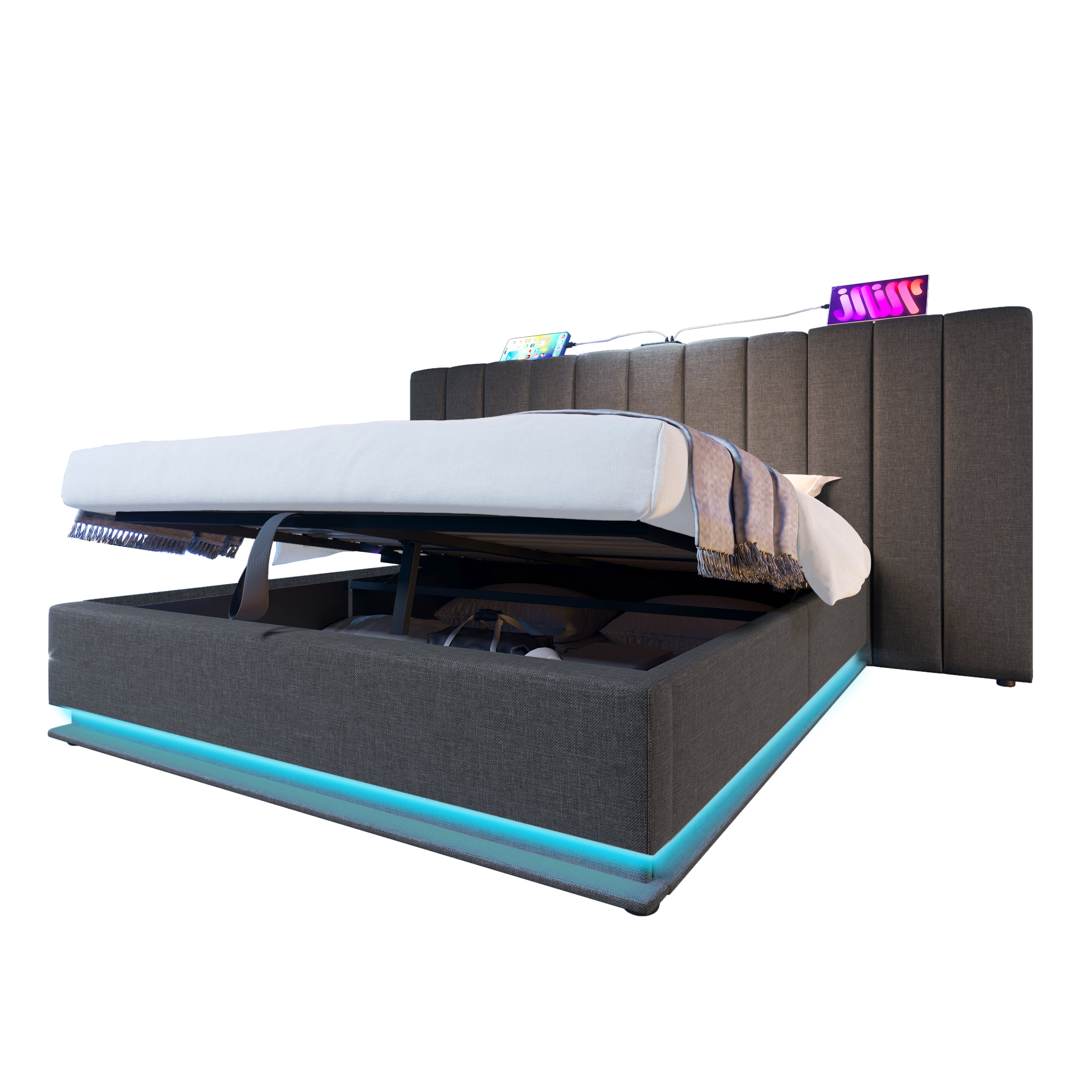 Logidon gestoffeerd bed 160x200 grijs met opbergruimte LED app bediening