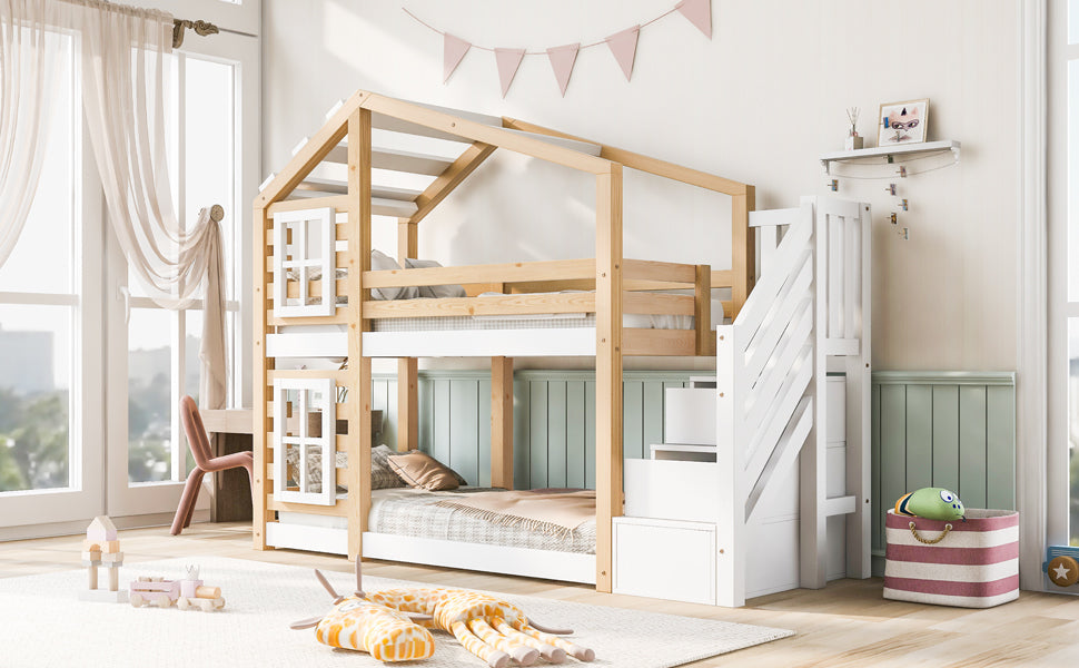 Logidon kinderbed boomhut 90x200 naturel wit valbeveiliging
