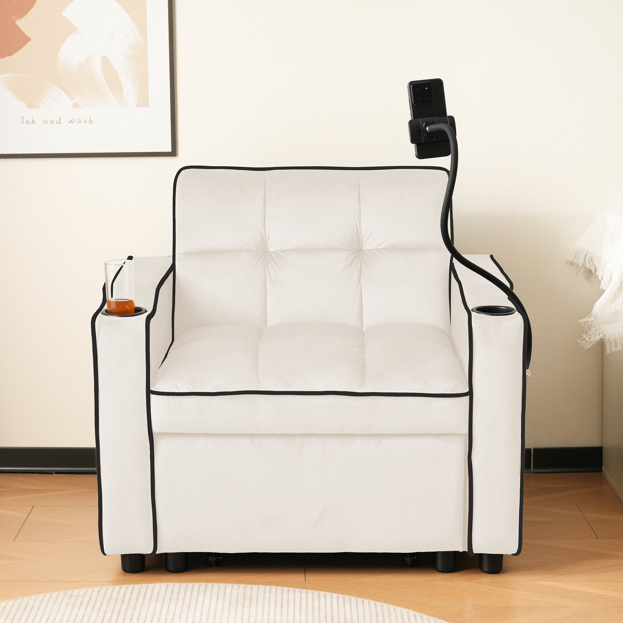 Logidon beige 3-in-1 uittrekbare slaapbank met bekerhouders