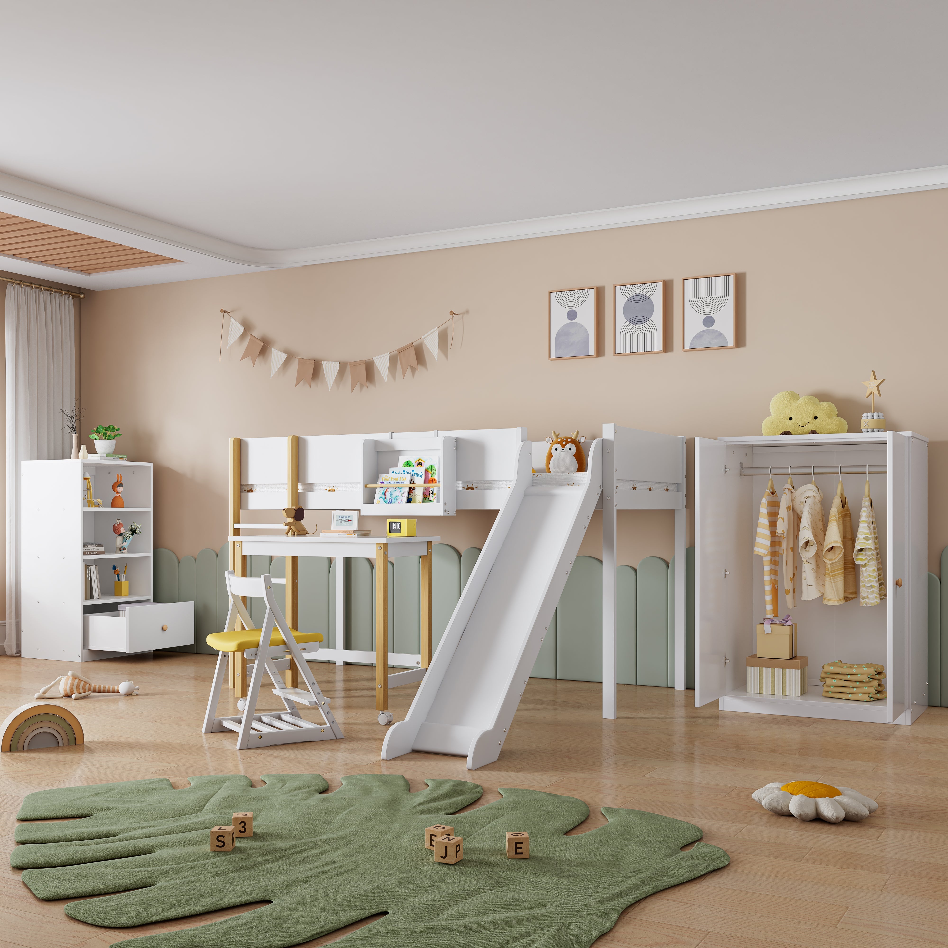 Logidon complete bedroom 3-piece loft bed with slide white/natural