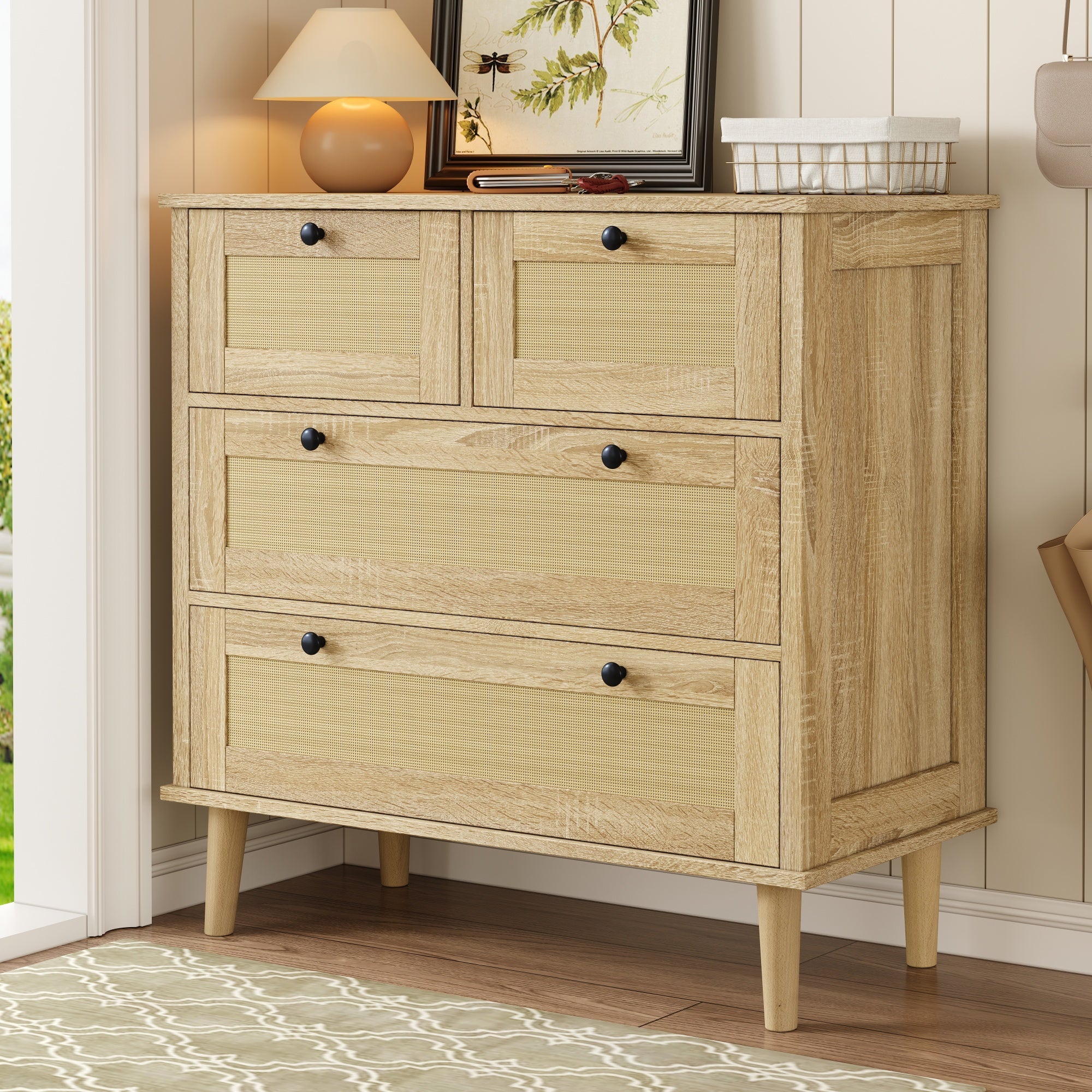 Logidon ladekast met 4 lades en rotan front naturel 80x40x80 cm
