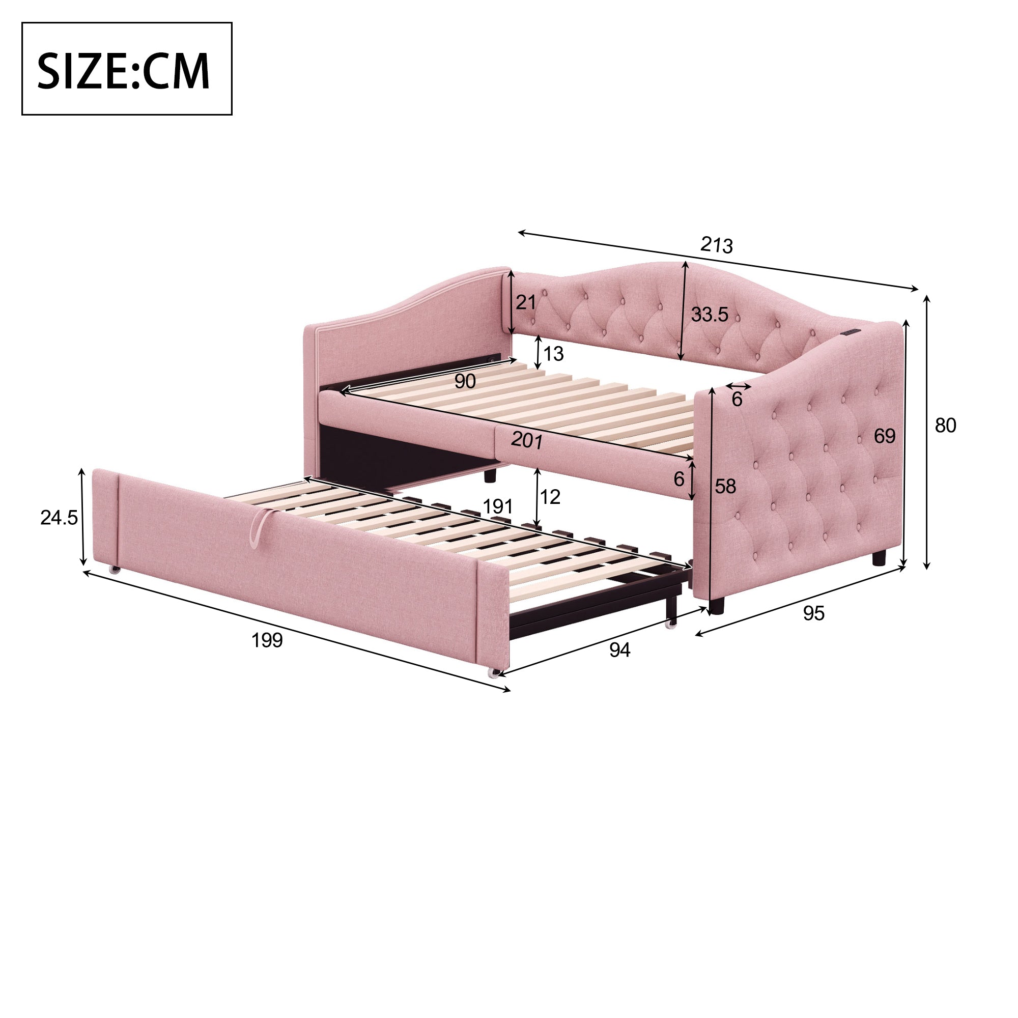 Logidon gestoffeerde slaapbank 90x200 roze linnen USB-aansluiting