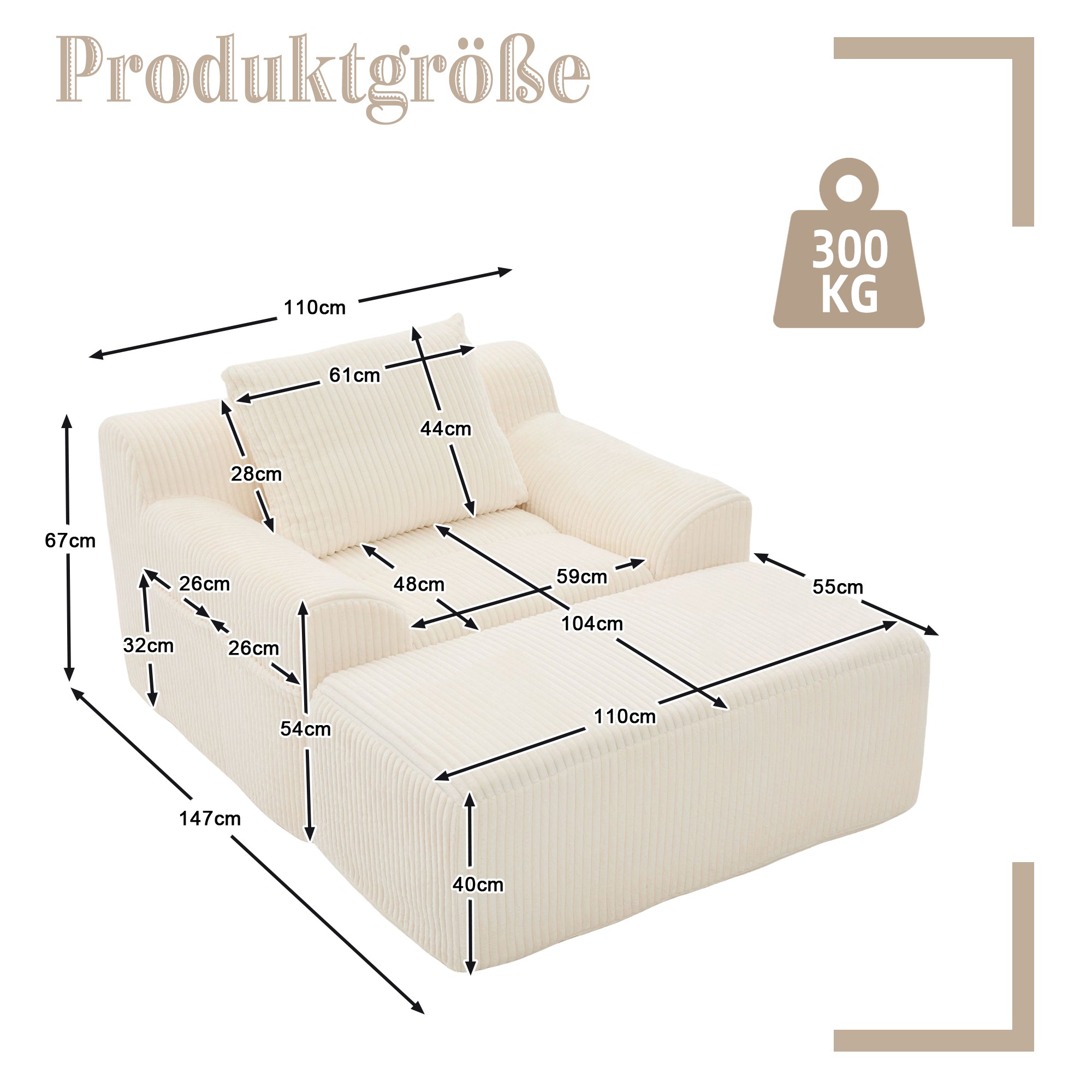 Logidon Oversized Corduroy Fluwelen Fauteuil Beige met Voetenbank en Kussen