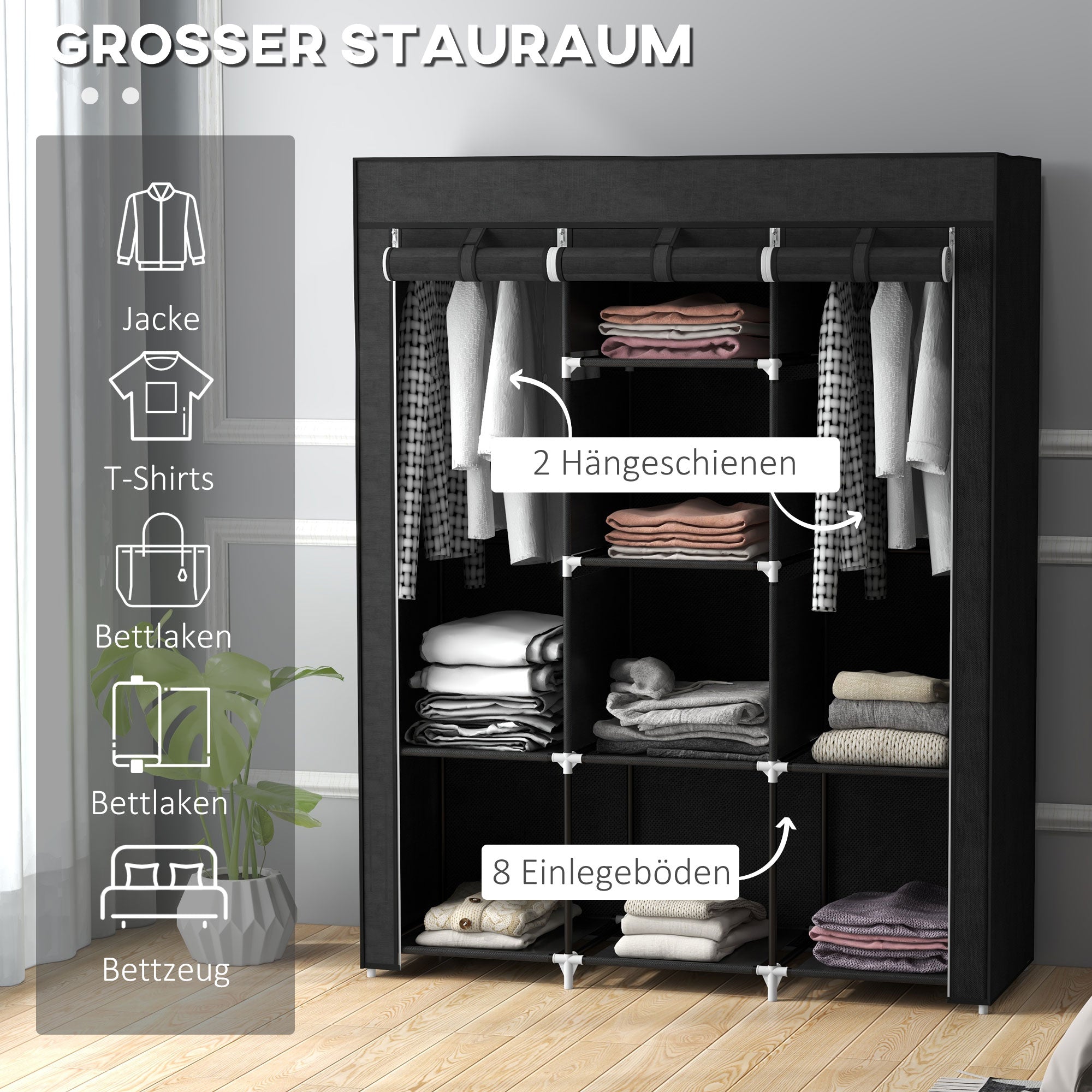 Logidon stoffen kledingkast met kledingroede 8 niveaus 125x43x162 cm zwart