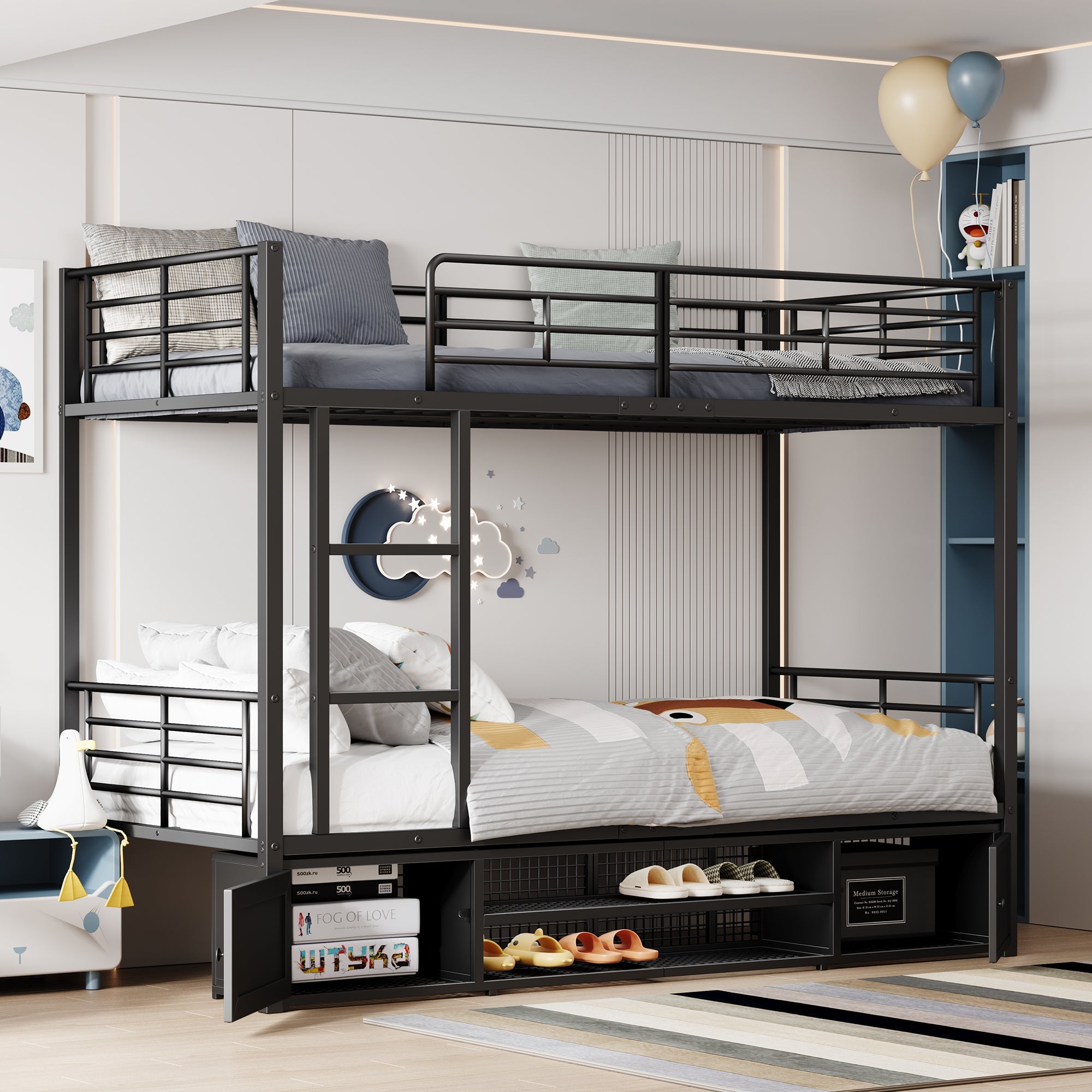 Logidon stapelbed ijzeren frame zwart 90x200 cm met schoenenrek