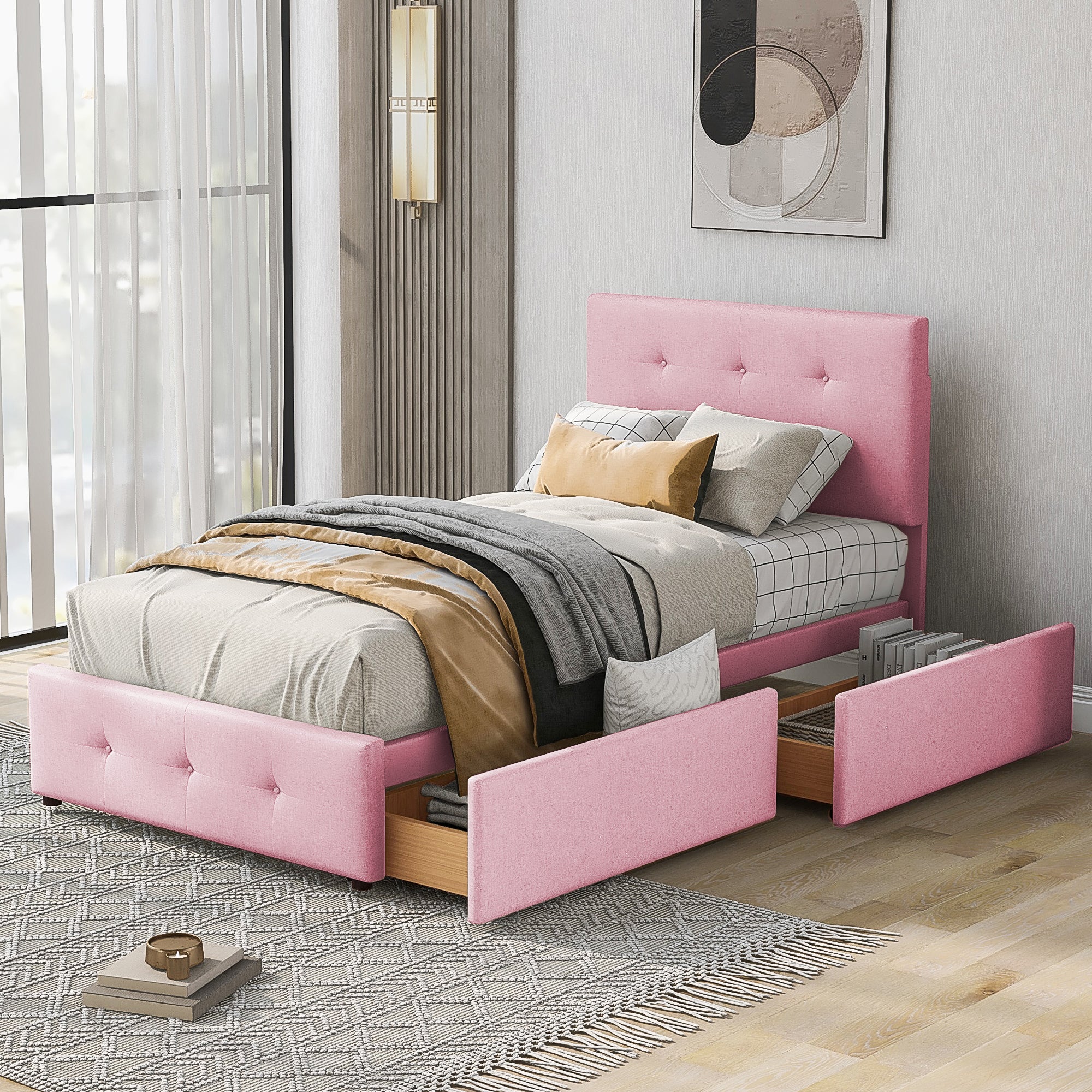 Logidon gestoffeerd bed 90x200 roze fluweel met lattenbodem twee lades