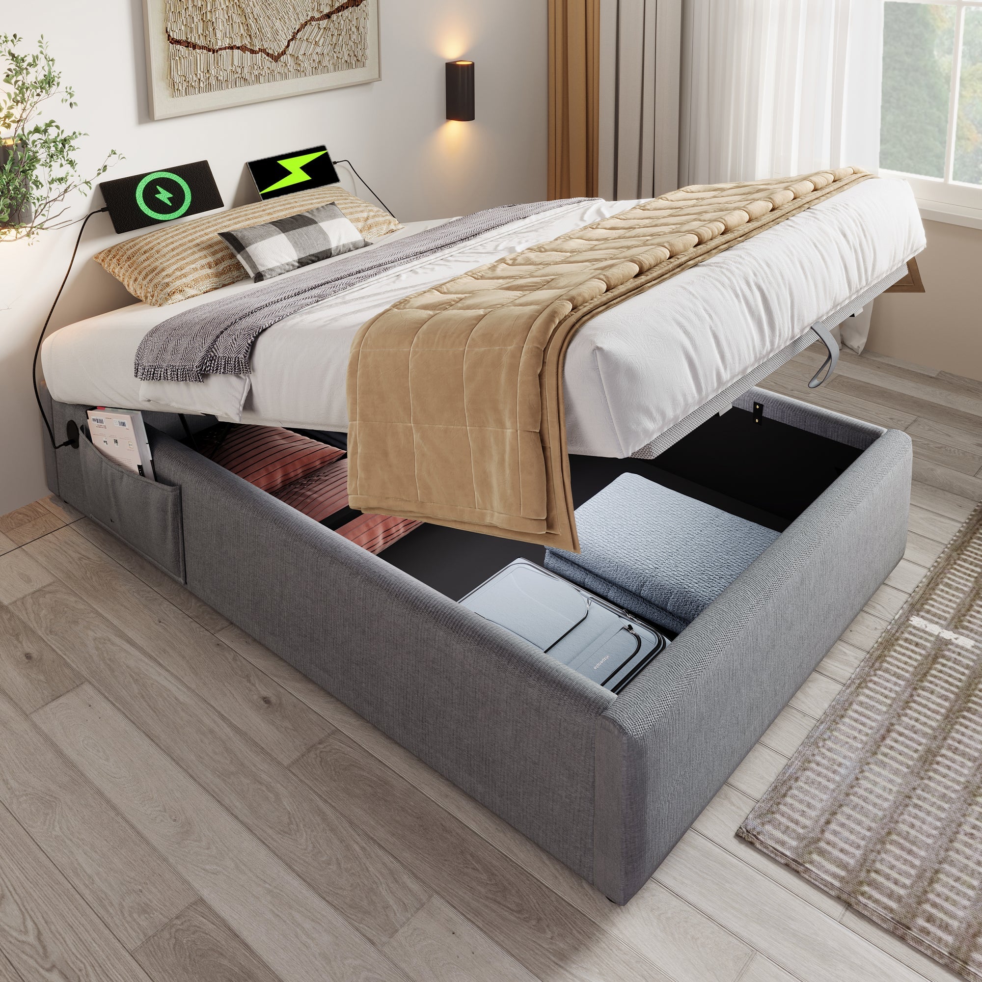 Logidon upholstered bed 90x190 gray with USB C charging function and full slatted frame