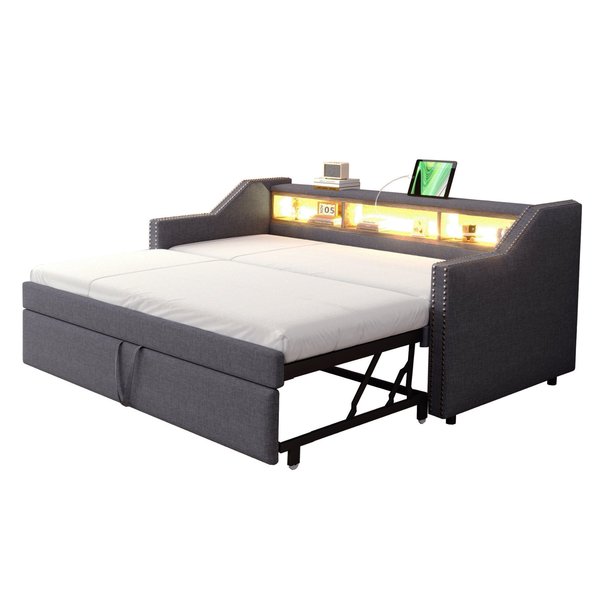 Logidon uitschuifbare slaapbank 90/180x190 cm donkergrijs LED USB