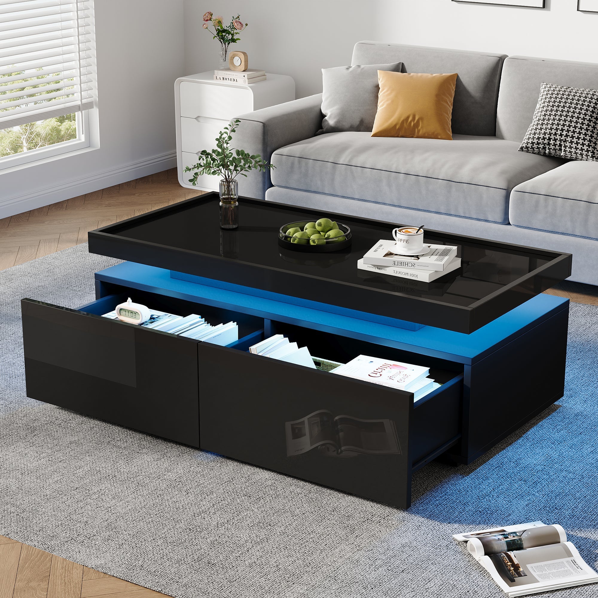 Logidon hoogglans salontafel 95x45x35 cm met LED verlichting zwart