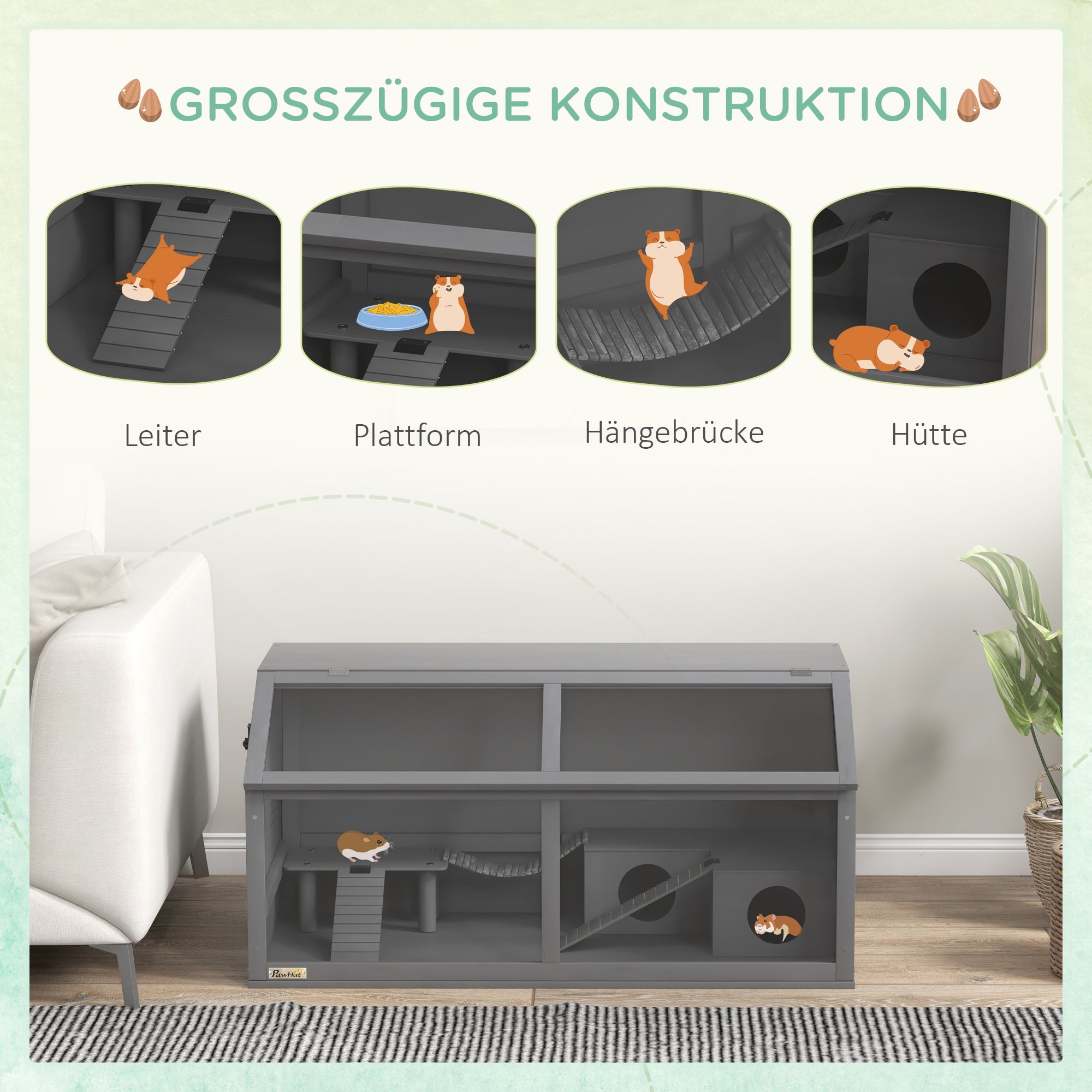 Logidon Hamsterkooi Hout 100 cm met open dakbrugladders grijs