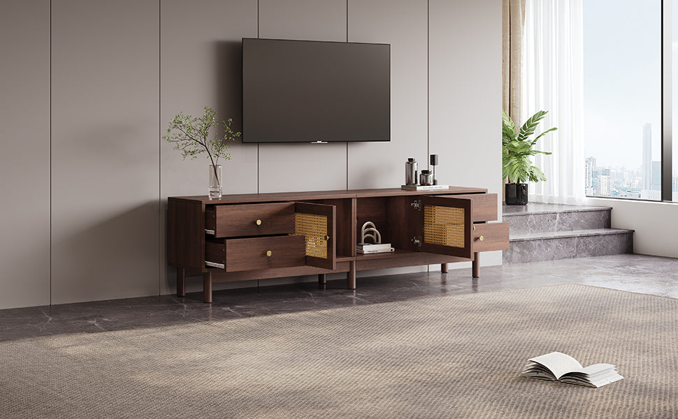 Logidon TV cabinet 180 cm dark wood look rattan doors cable management