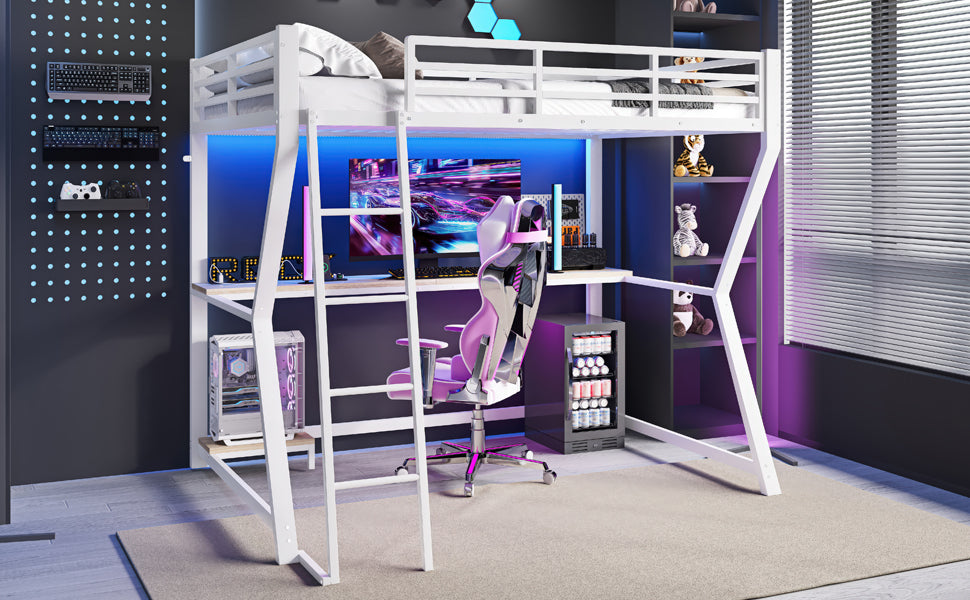 Logidon loft bed 90x200 with LED lighting and computer console white