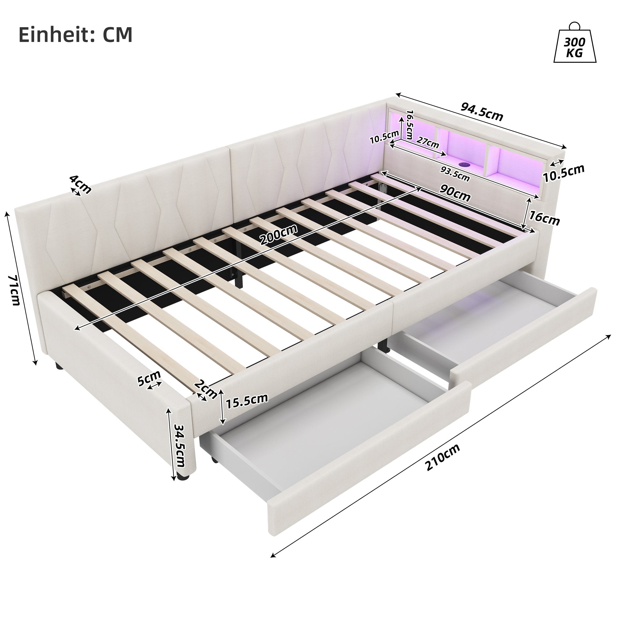 Logidon Dagbed 90x200 cm Beige Slaapbank Opbergvak met USB C LED