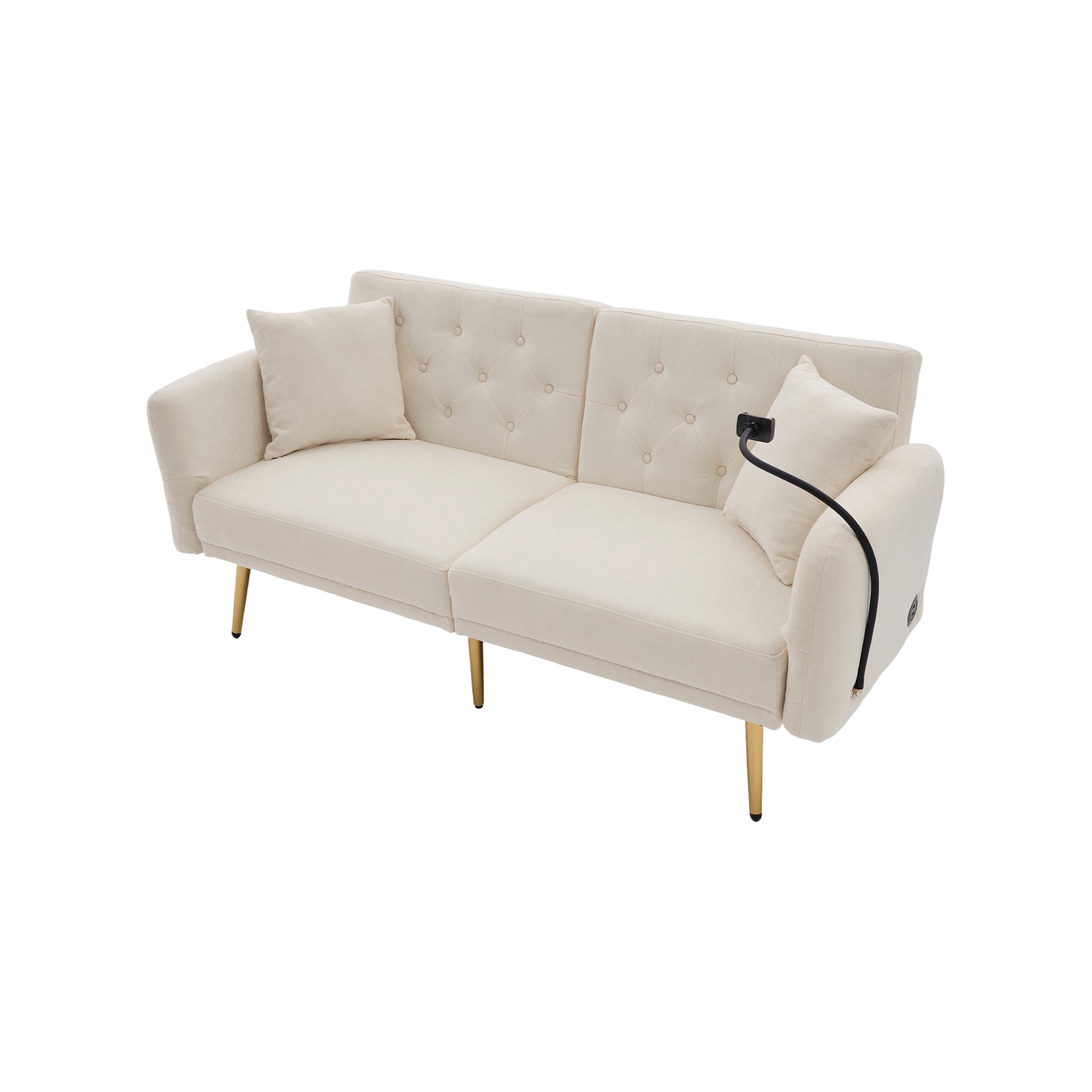 Logidon slaapbank tweezits beige fluweel met verstelbare rugleuning USB
