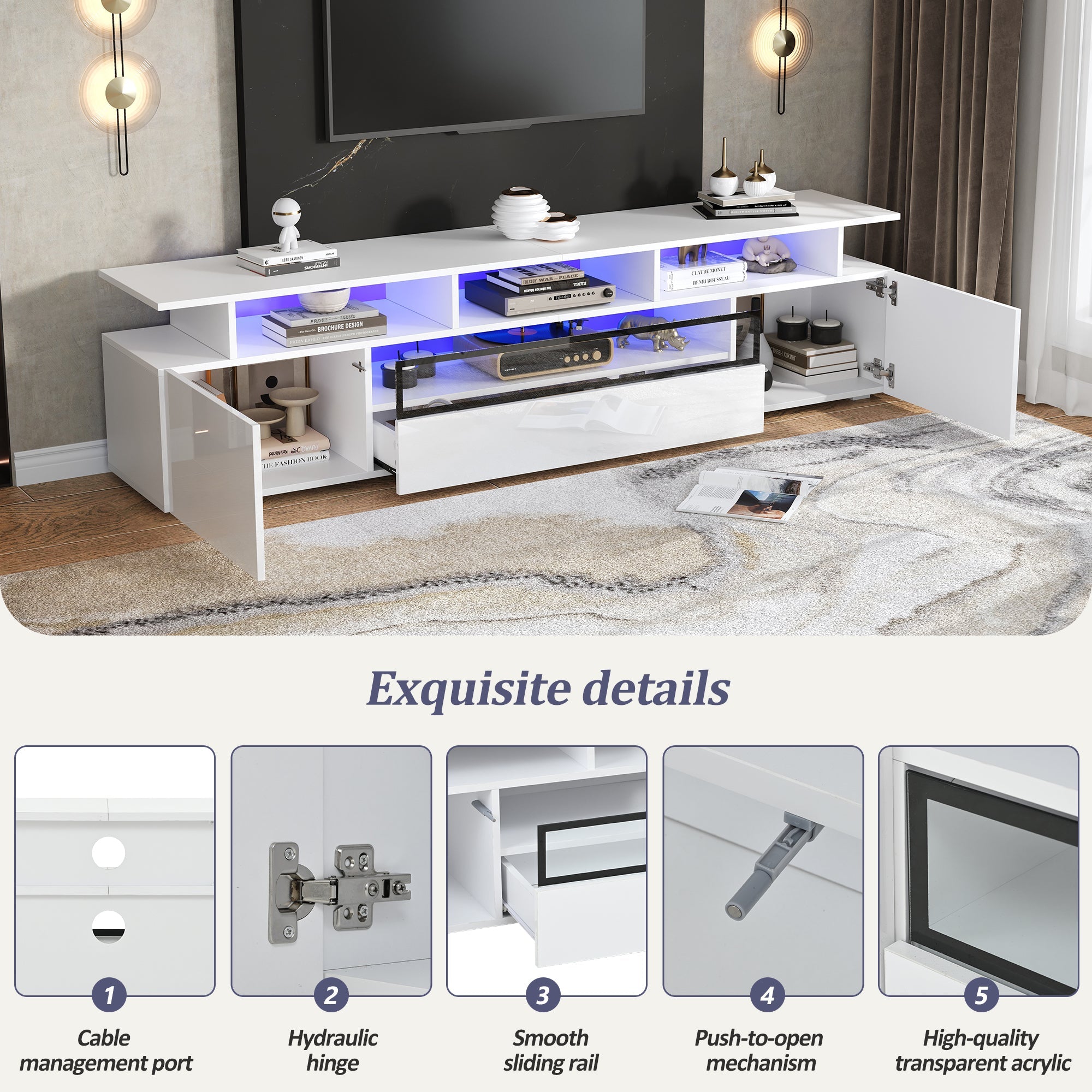 Logidon TV-meubel wit 180x38x45 cm met LED-verlichting 2 deuren 1 lade