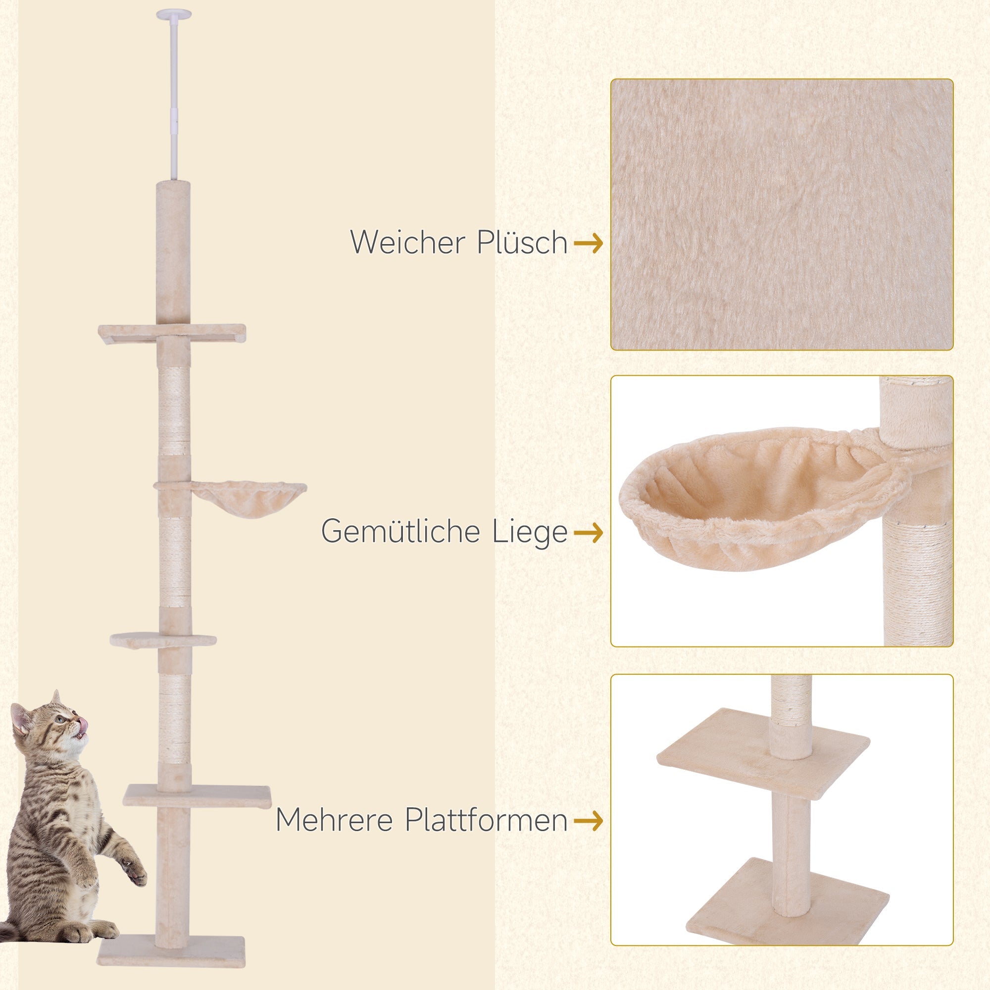 Logidon Plafondhoge Verstelbare Kattenkrabpaal 230-260 cm Beige