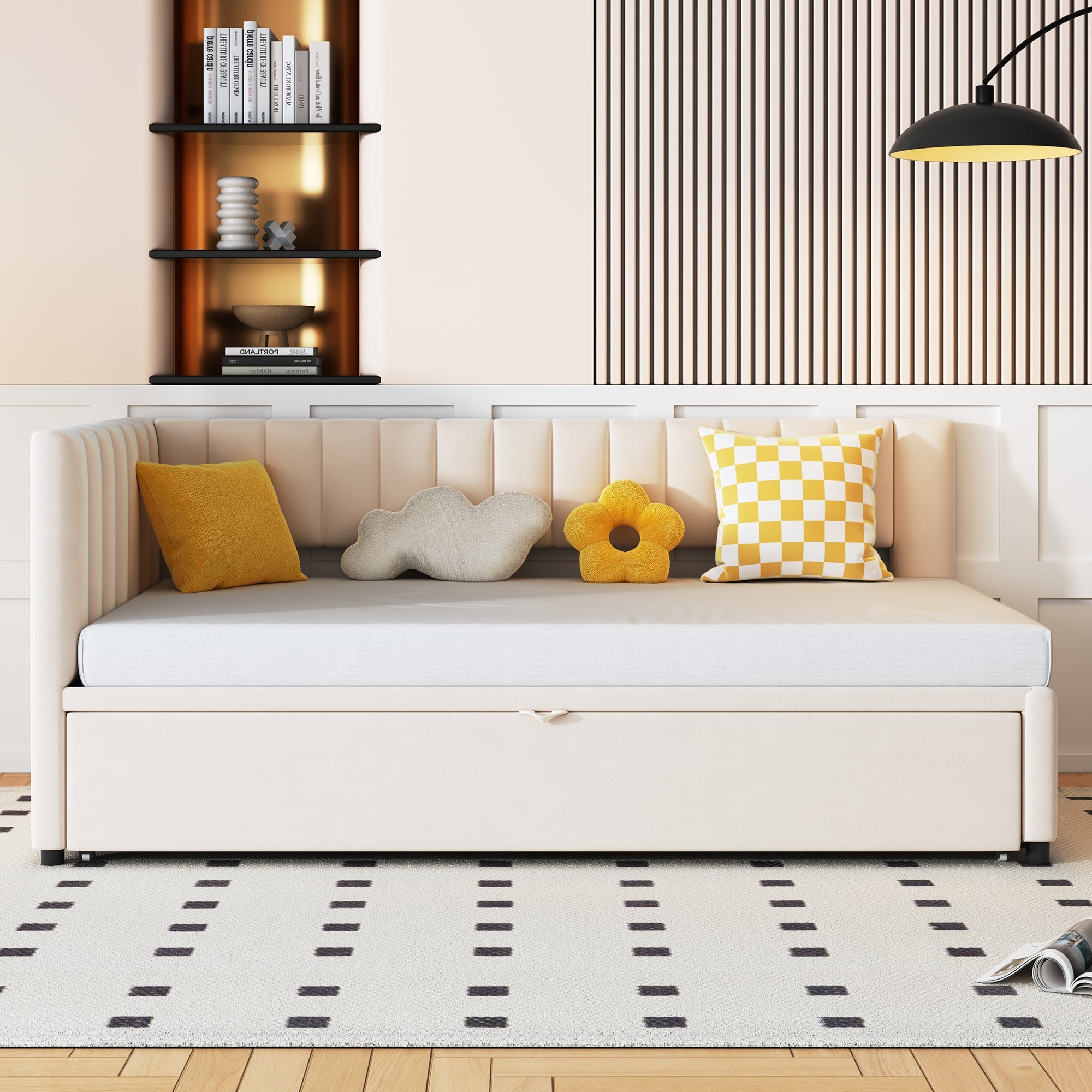 Logidon sofa bed L-shape beige velvet pull-out bed 90/180x200