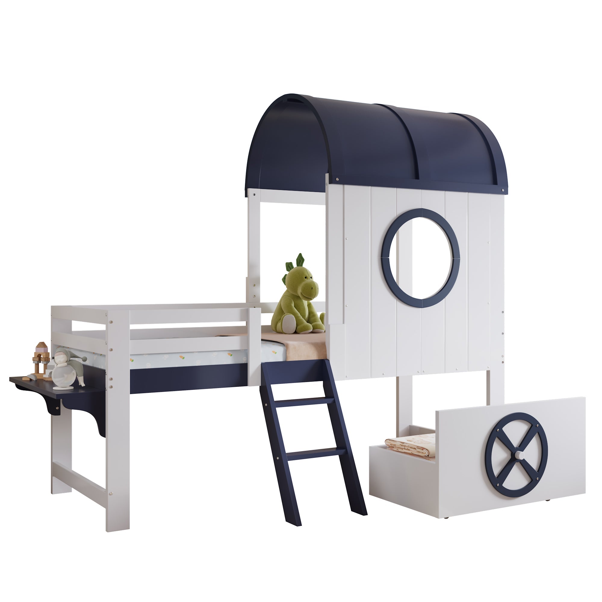 Logidon stapelbed halfhoogslaper 90x200 wit donkerblauw dakraam