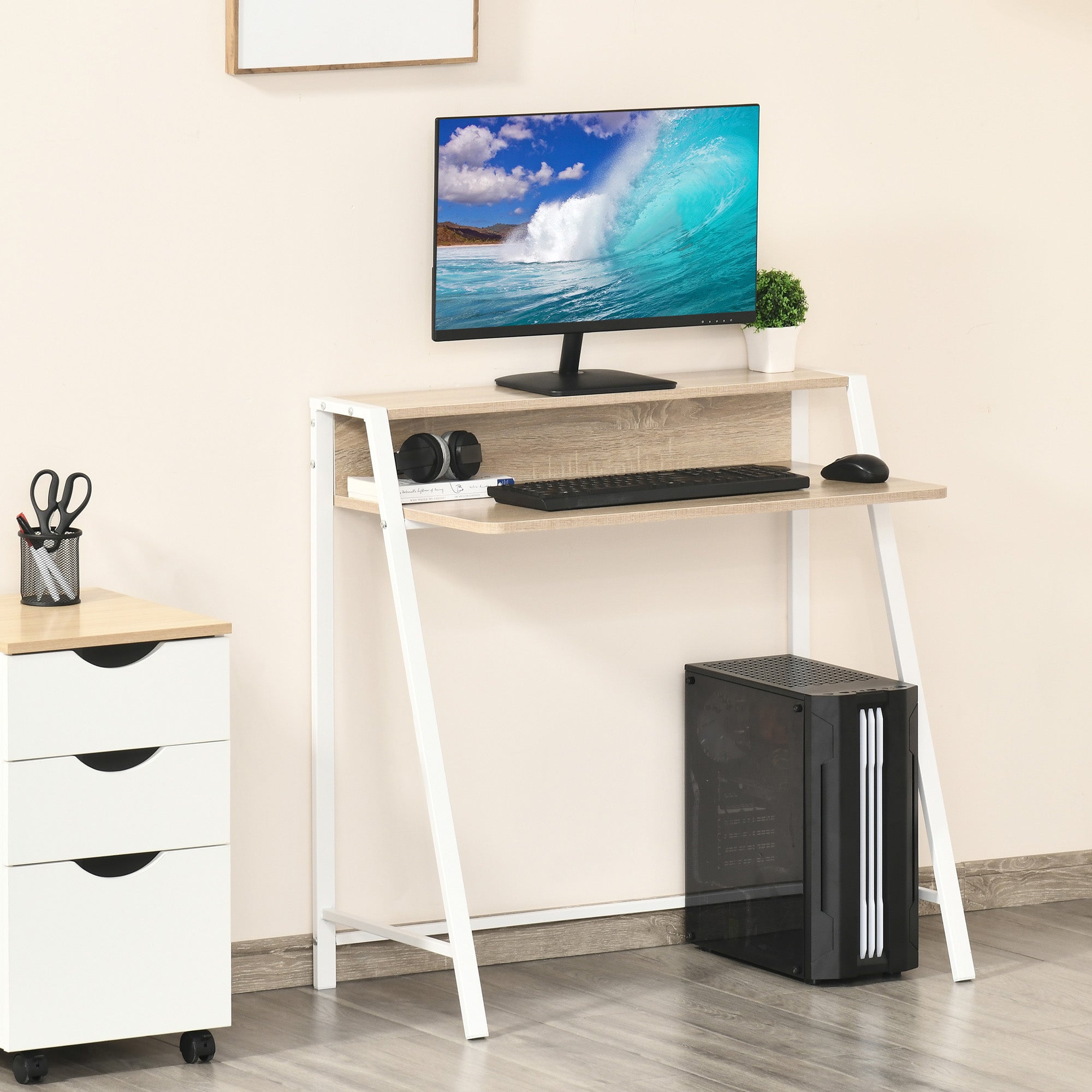 Logidon Bureau 84x45x85 cm Wit Eiken Modern Computerbureau Kabeldoorgang