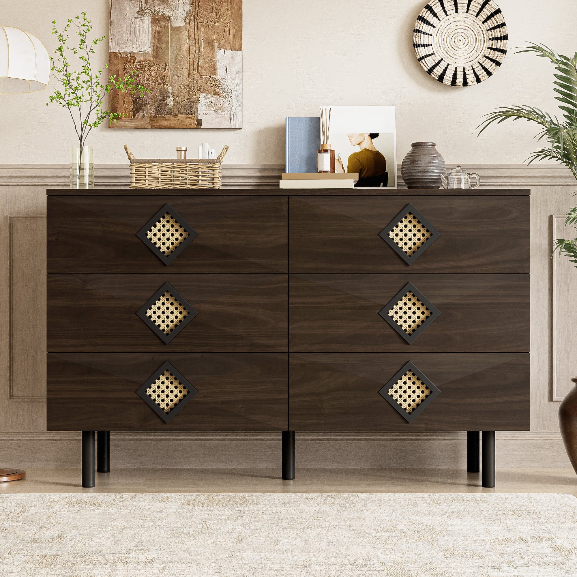 Logidon Elegante kaptafel met 6 laden, walnoot met rotan handvat