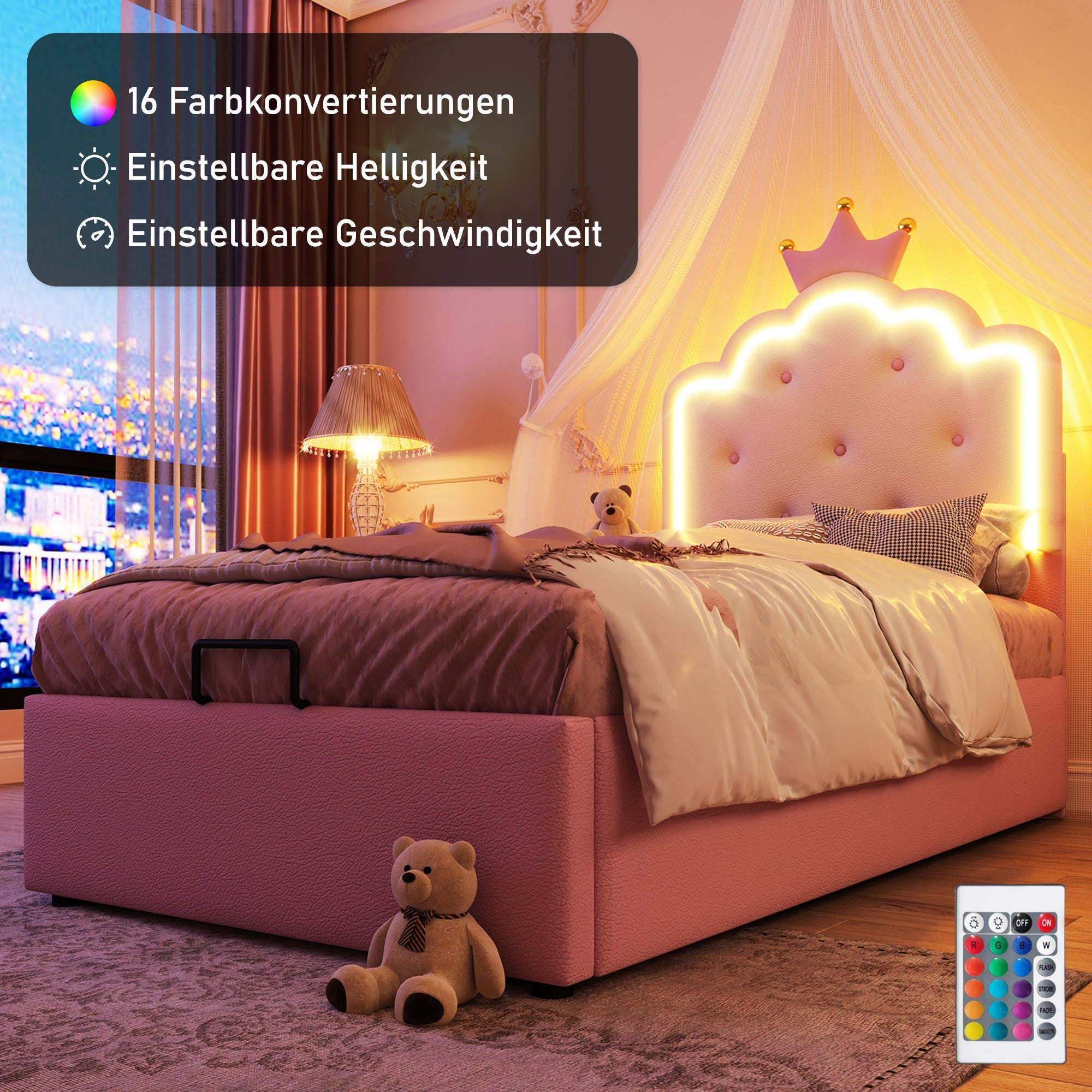 Logidon gestoffeerd bed 90x200 roze met sfeerlicht en opbergruimte