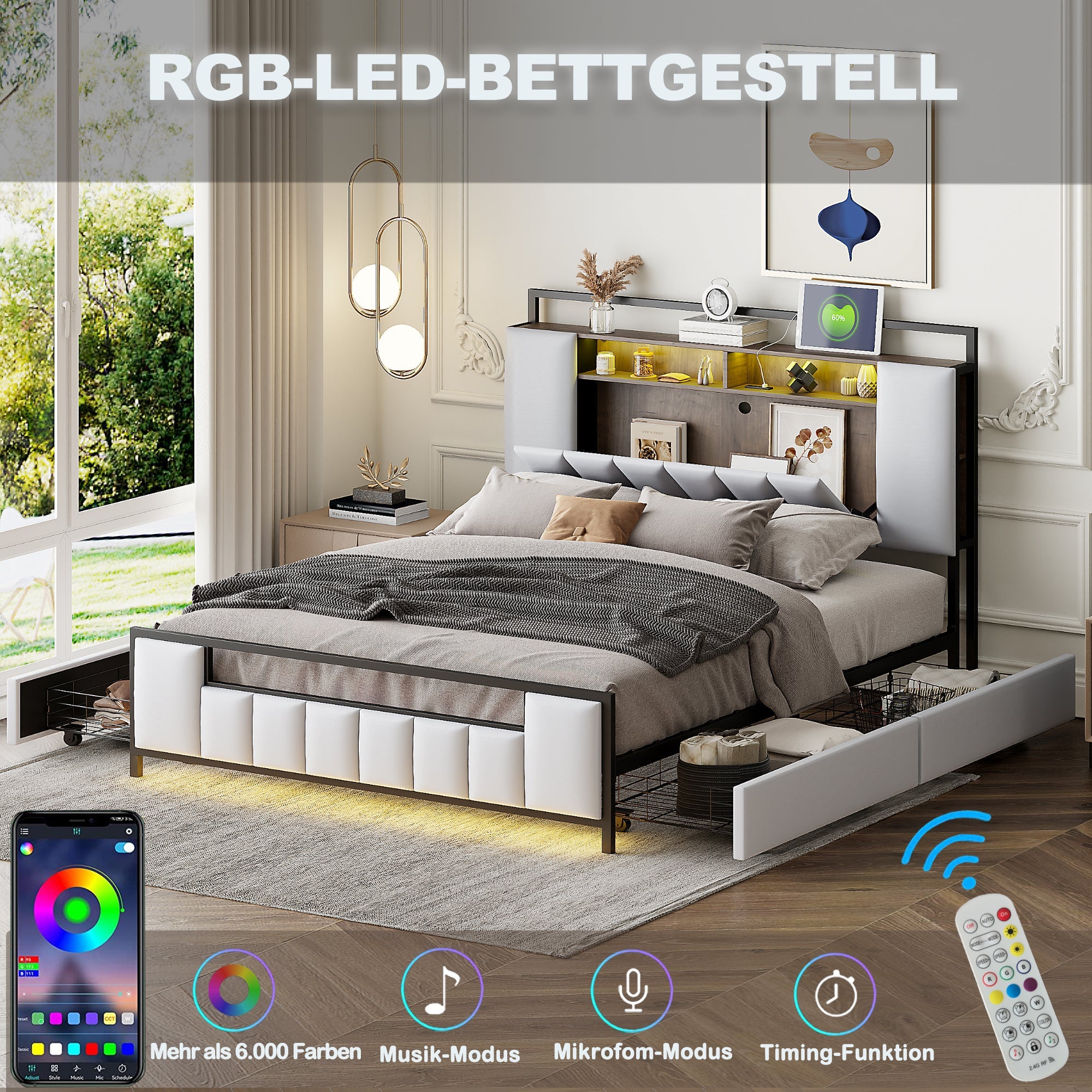 Logidon gestoffeerd bed 160x200 cm beige kunstleer met LED en USB
