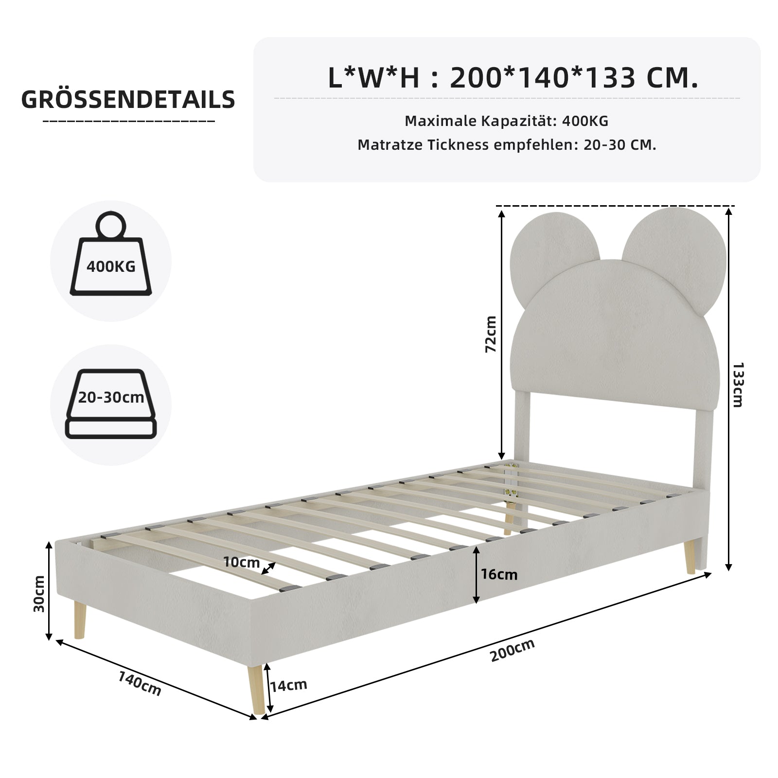 Logidon gestoffeerd bed 140x200 beige cartoon hoofdeinde inclusief lattenbodem